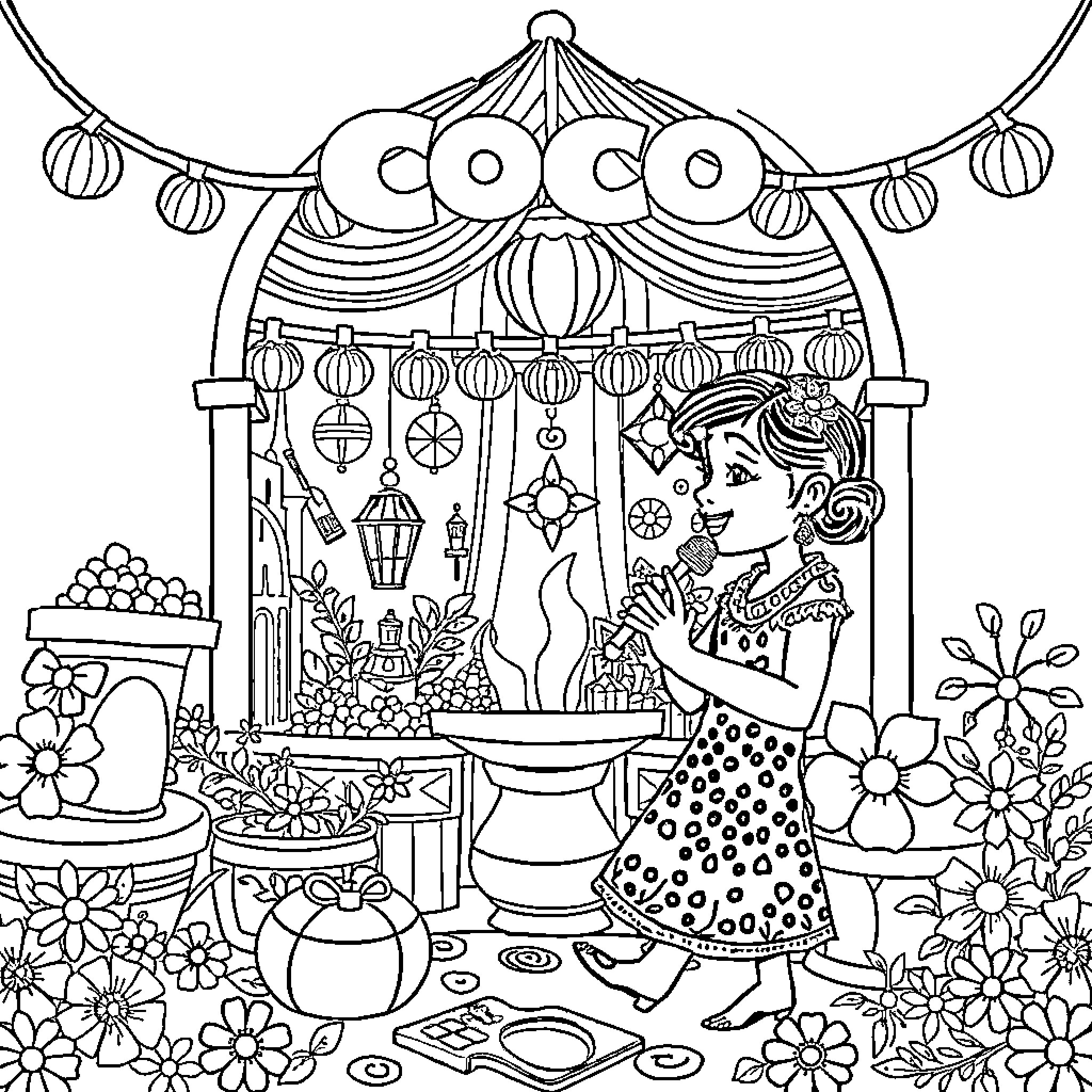 Coco's Vibrant Celebration Coloring Page (free black-and-white line drawing printable PDF for all, from beginners to advanced learners, including children, teens, adults, and seniors)