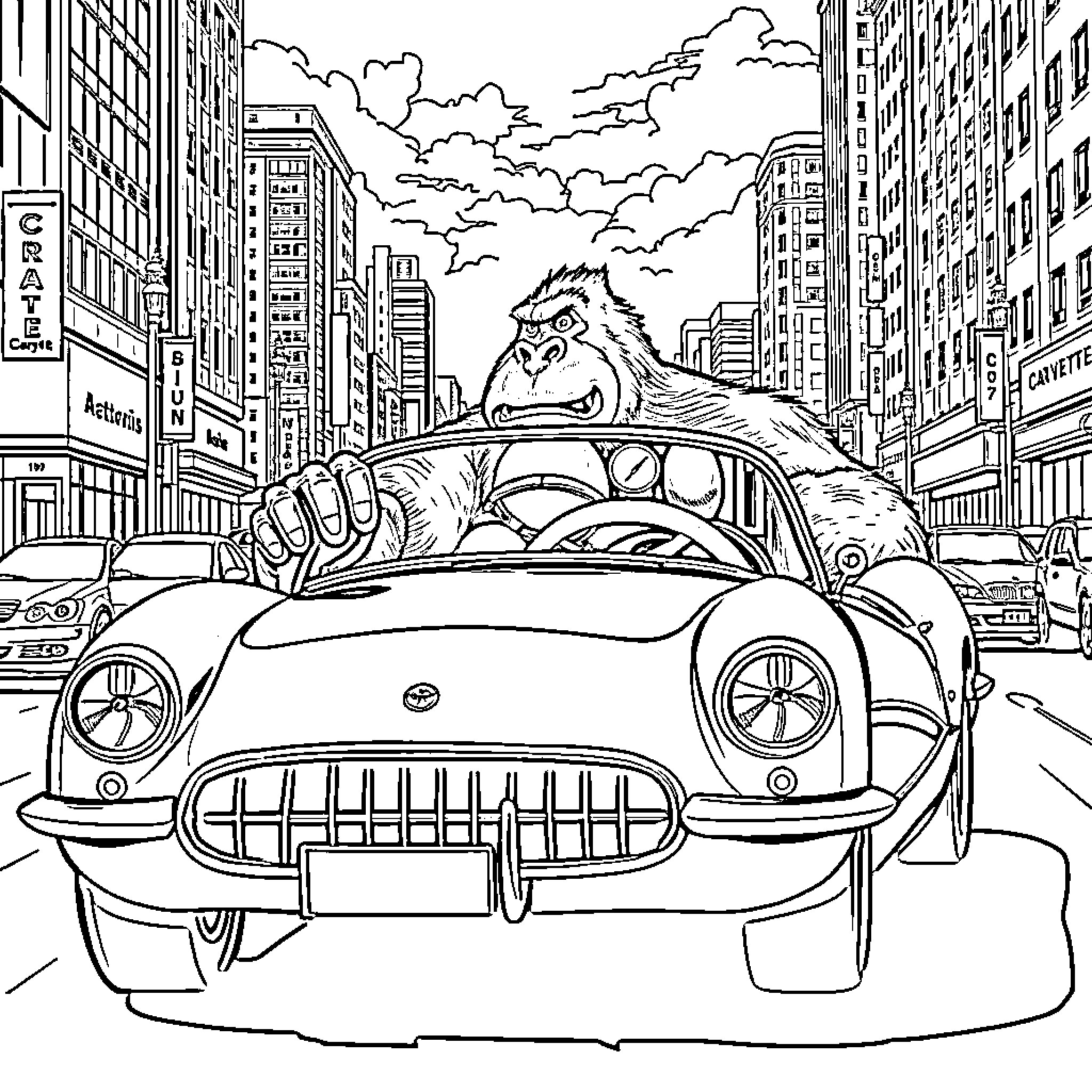 King Kong driving a vintage sports car in the city Coloring Page (free black-and-white line drawing printable PDF for all, from beginners to advanced learners, including children, teens, adults, and seniors)