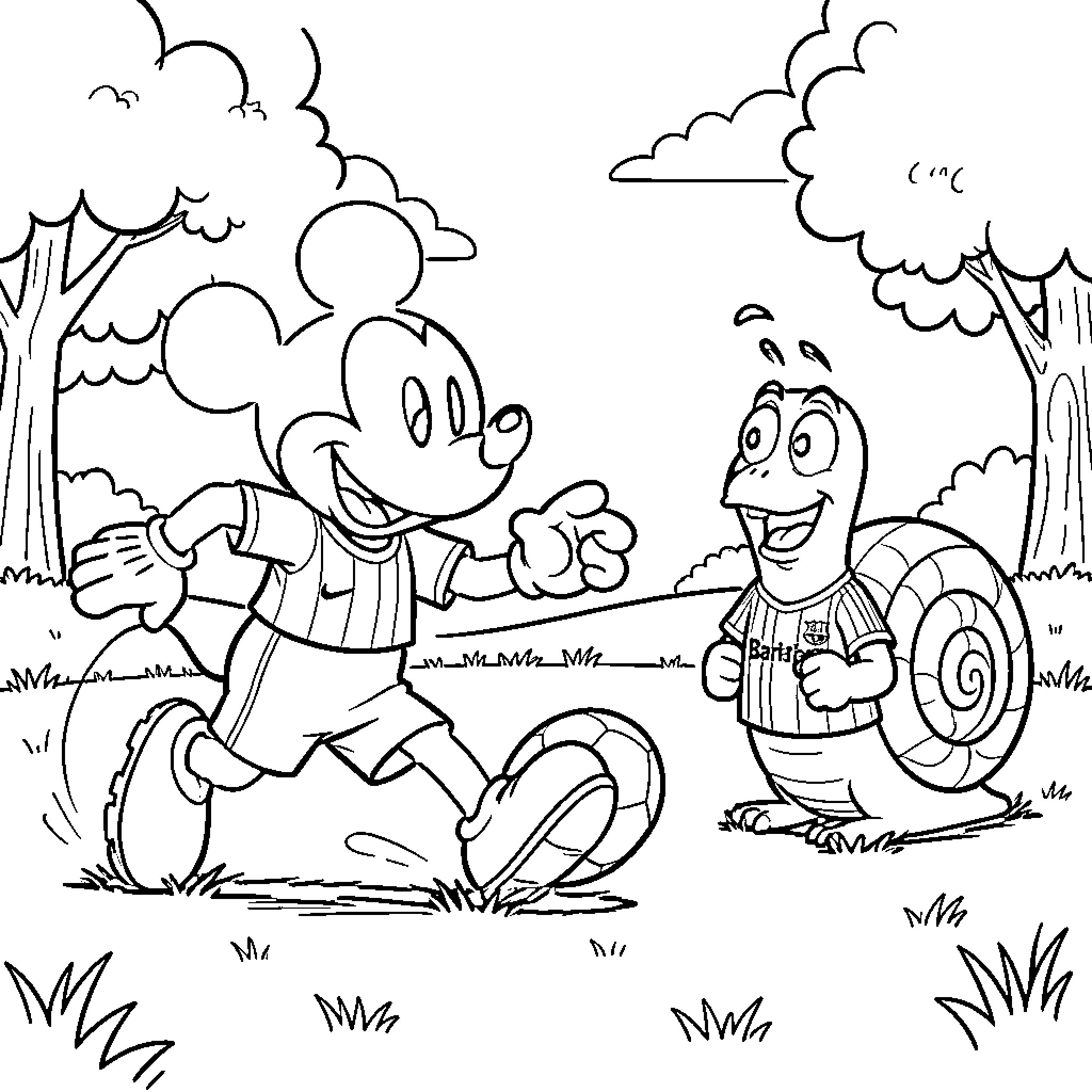 Mickey Mouse playing soccer with a friendly snail Coloring Page (free black-and-white line drawing printable PDF for all, from beginners to advanced learners, including children, teens, adults, and seniors)