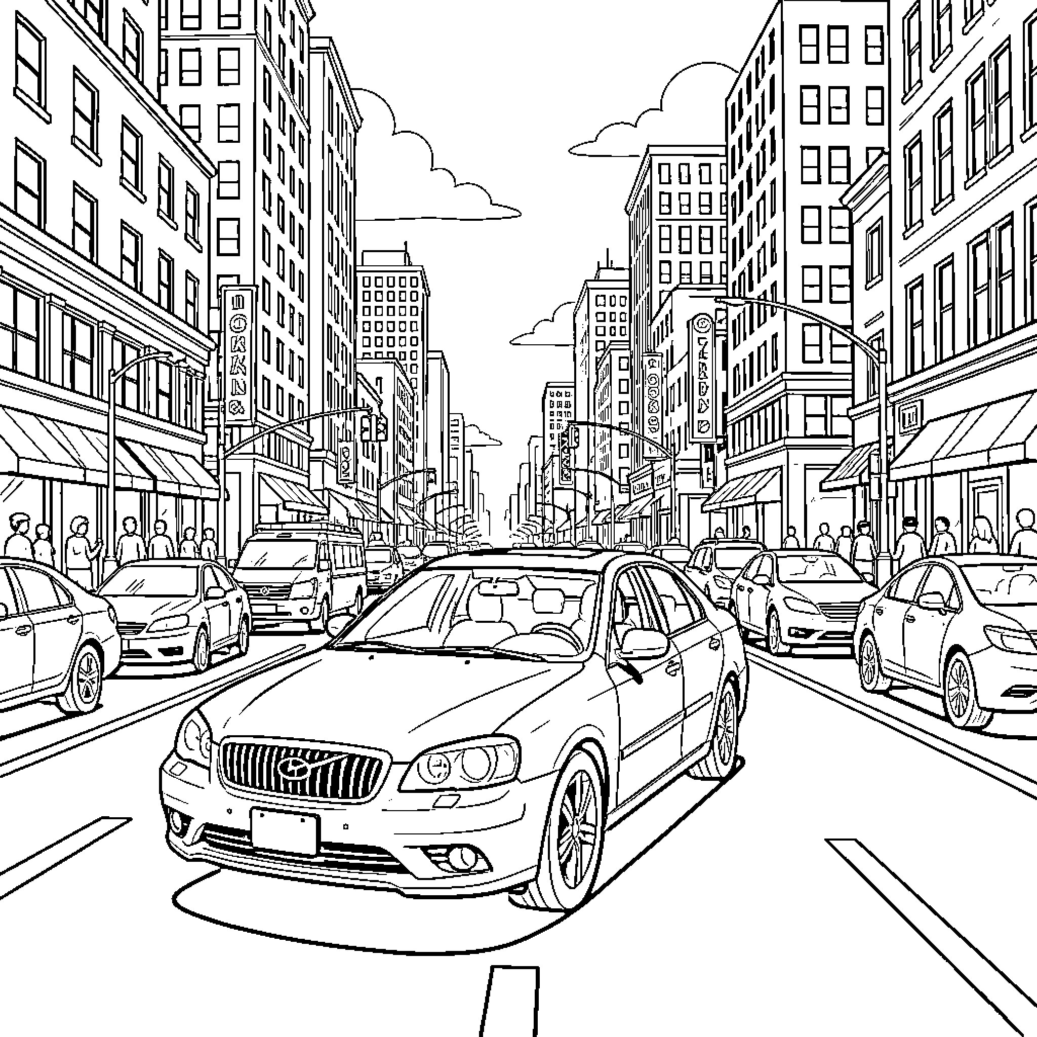Car driving through a busy city street scene Coloring Page (free black-and-white line drawing printable PDF for all, from beginners to advanced learners, including children, teens, adults, and seniors)