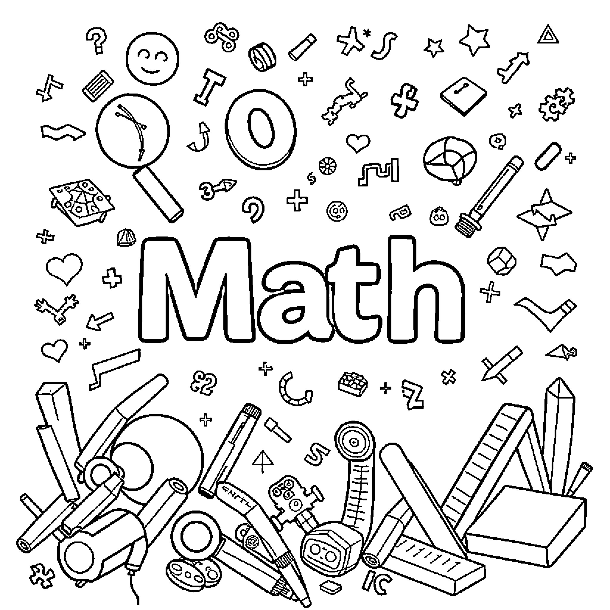 Mathematics with various mathematical symbols and equipment Coloring Page (free black-and-white line drawing printable PDF for all, from beginners to advanced learners, including children, teens, adults, and seniors)