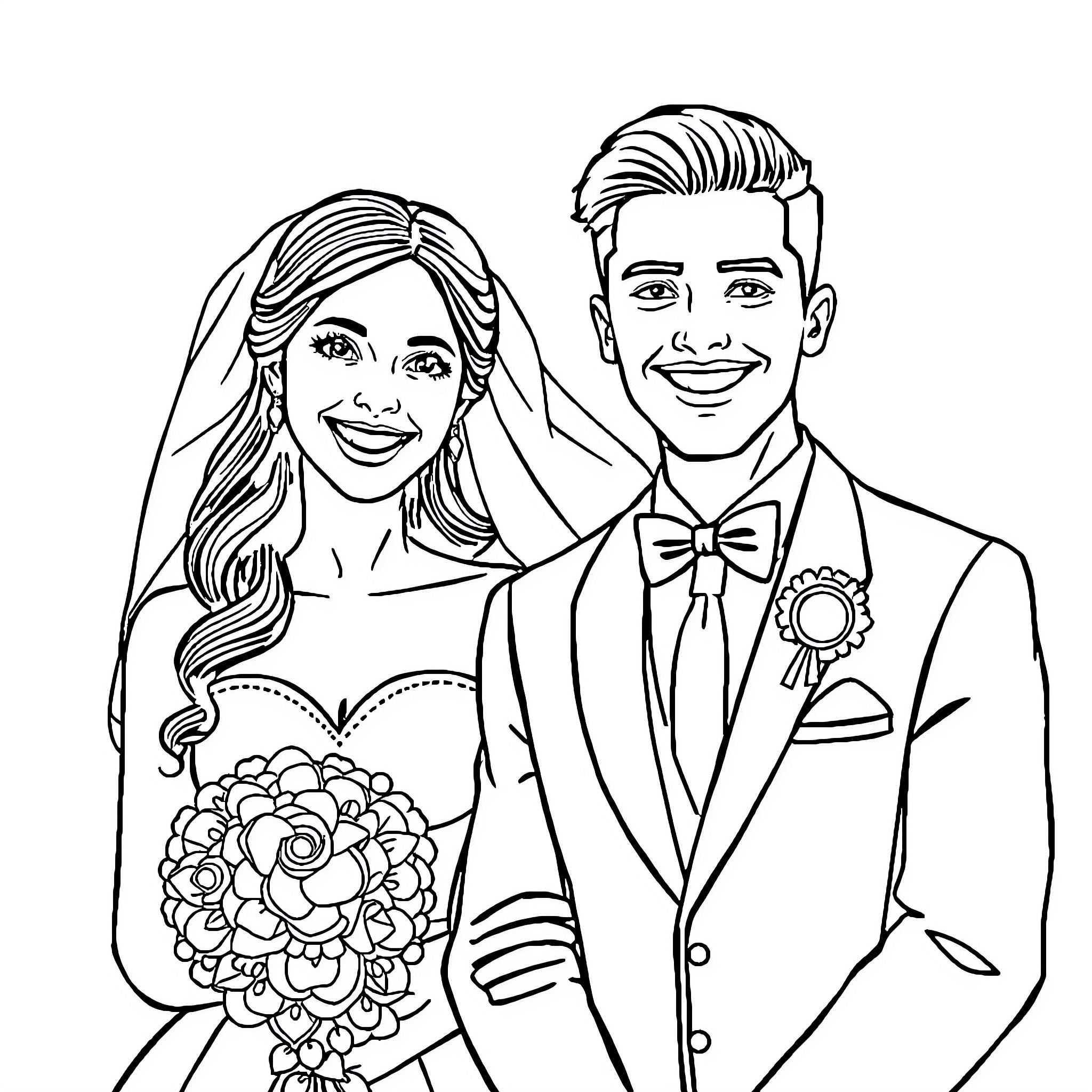 Bride and Groom Celebrating their Wedding Day Coloring Page (free black-and-white line drawing printable PDF for all, from beginners to advanced learners, including children, teens, adults, and seniors)