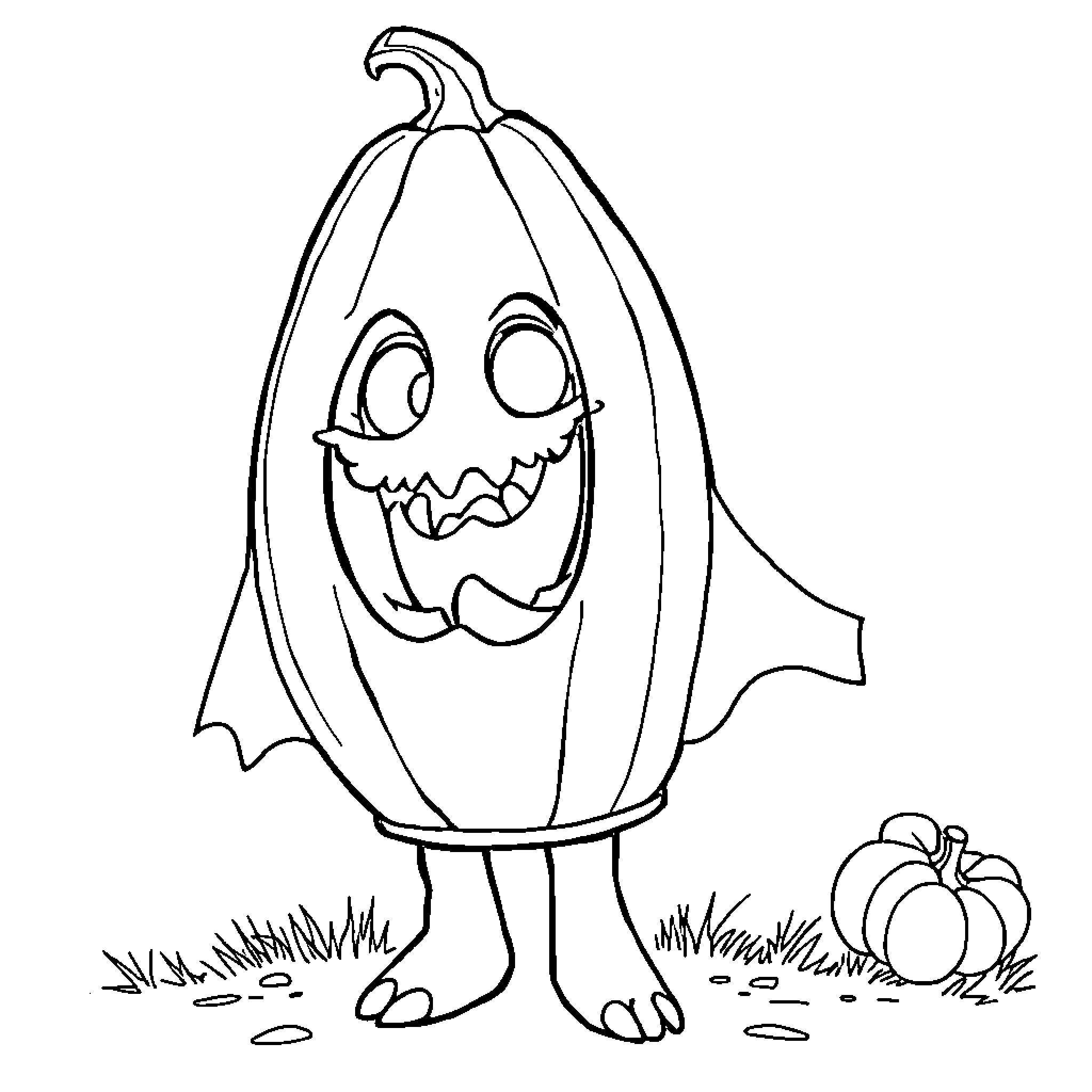 Skeleton and Pumpkin character in a field Coloring Page (free black-and-white line drawing printable PDF for all, from beginners to advanced learners, including children, teens, adults, and seniors)