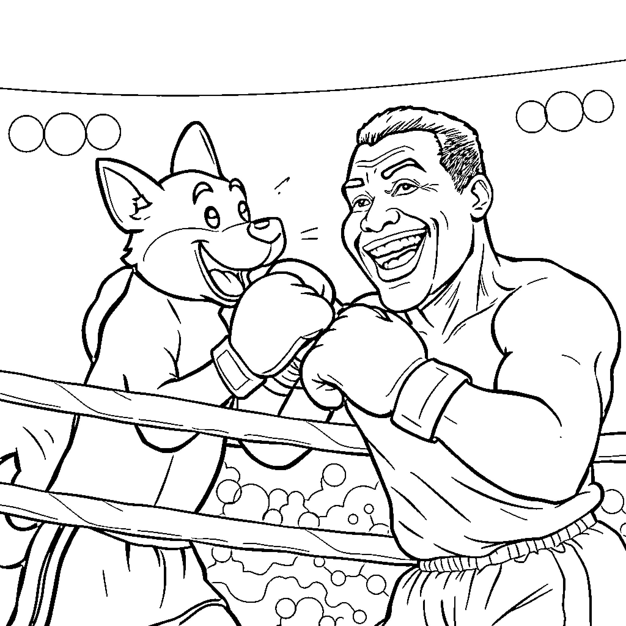 Bluey and the Friendly Wrestler Coloring Page (free black-and-white line drawing printable PDF for all, from beginners to advanced learners, including children, teens, adults, and seniors)