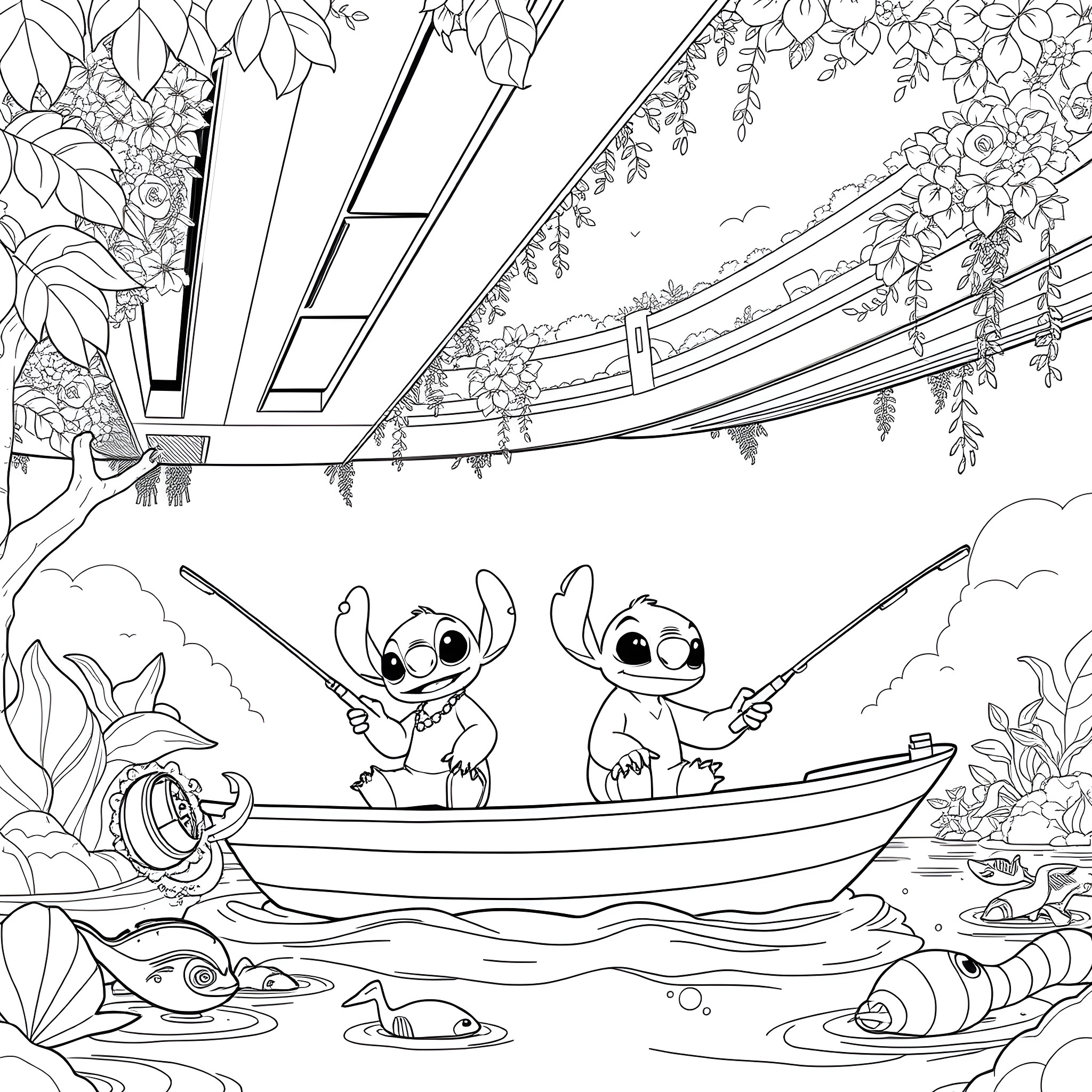 Lilo fishing with Stitch in a tropical paradise Coloring Page (free black-and-white line drawing printable PDF for all, from beginners to advanced learners, including children, teens, adults, and seniors)