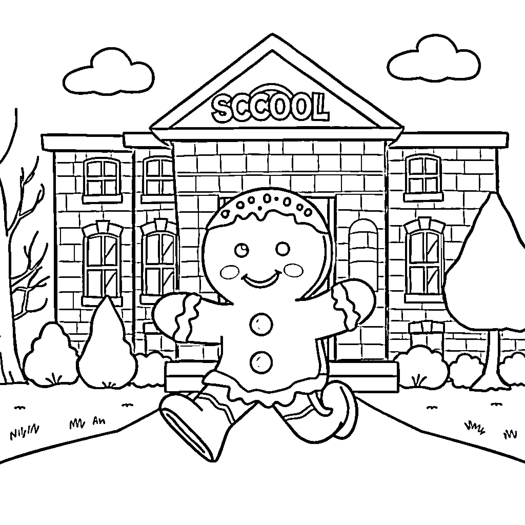 Gingerbread Cookie running towards school building Coloring Page (free black-and-white line drawing printable PDF for all, from beginners to advanced learners, including children, teens, adults, and seniors)