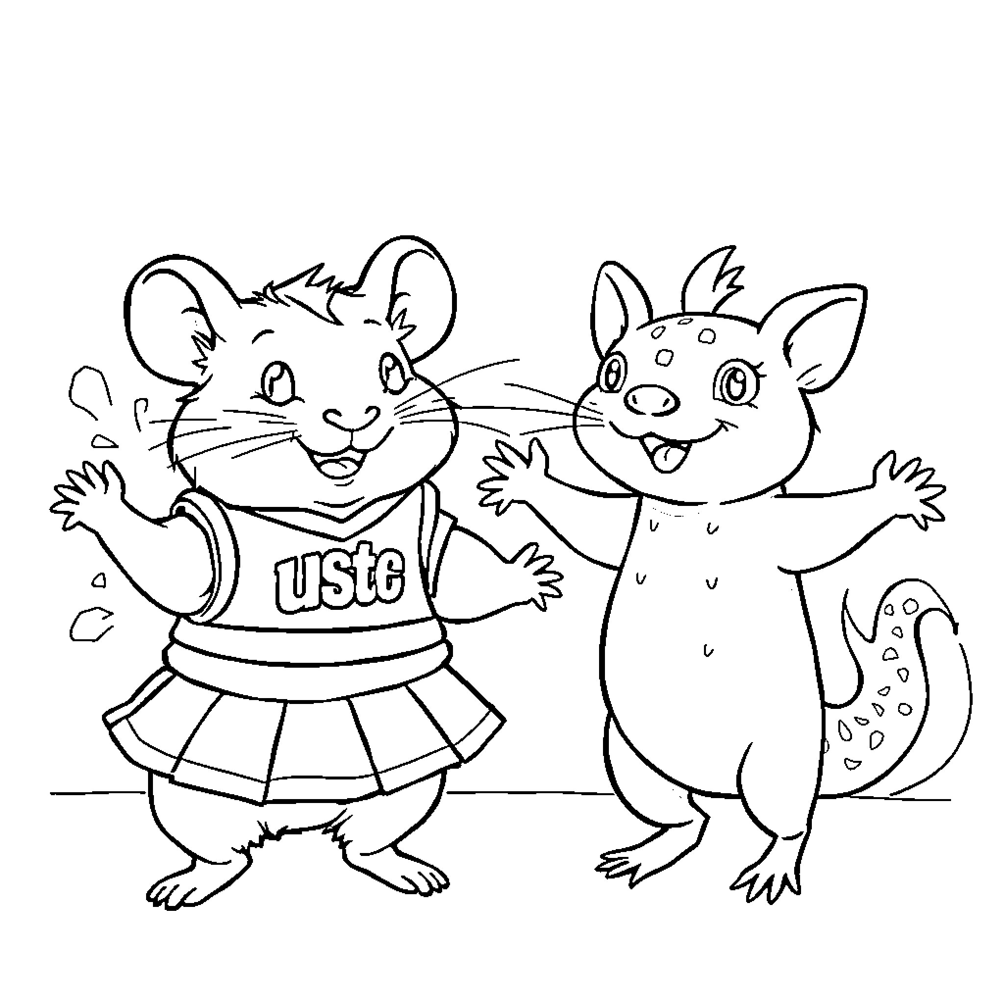 Hamster friends playing joyfully together Coloring Page (free black-and-white line drawing printable PDF for all, from beginners to advanced learners, including children, teens, adults, and seniors)
