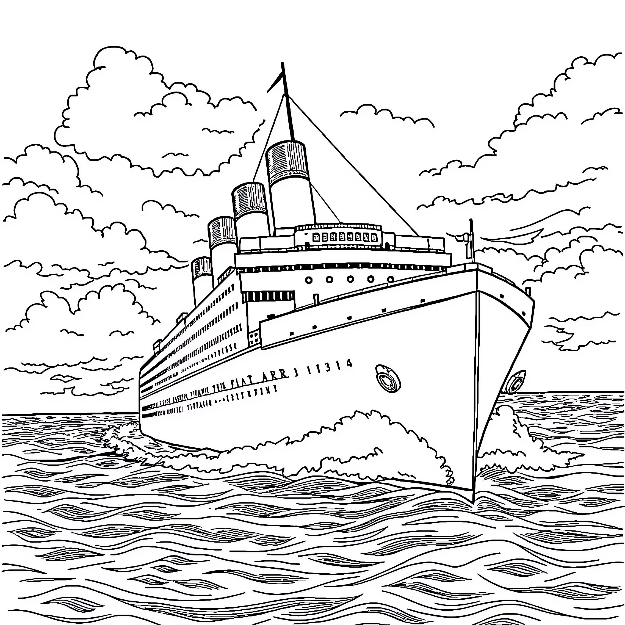 Titanic ship sailing in the open sea Coloring Page (free black-and-white line drawing printable PDF for all, from beginners to advanced learners, including children, teens, adults, and seniors)