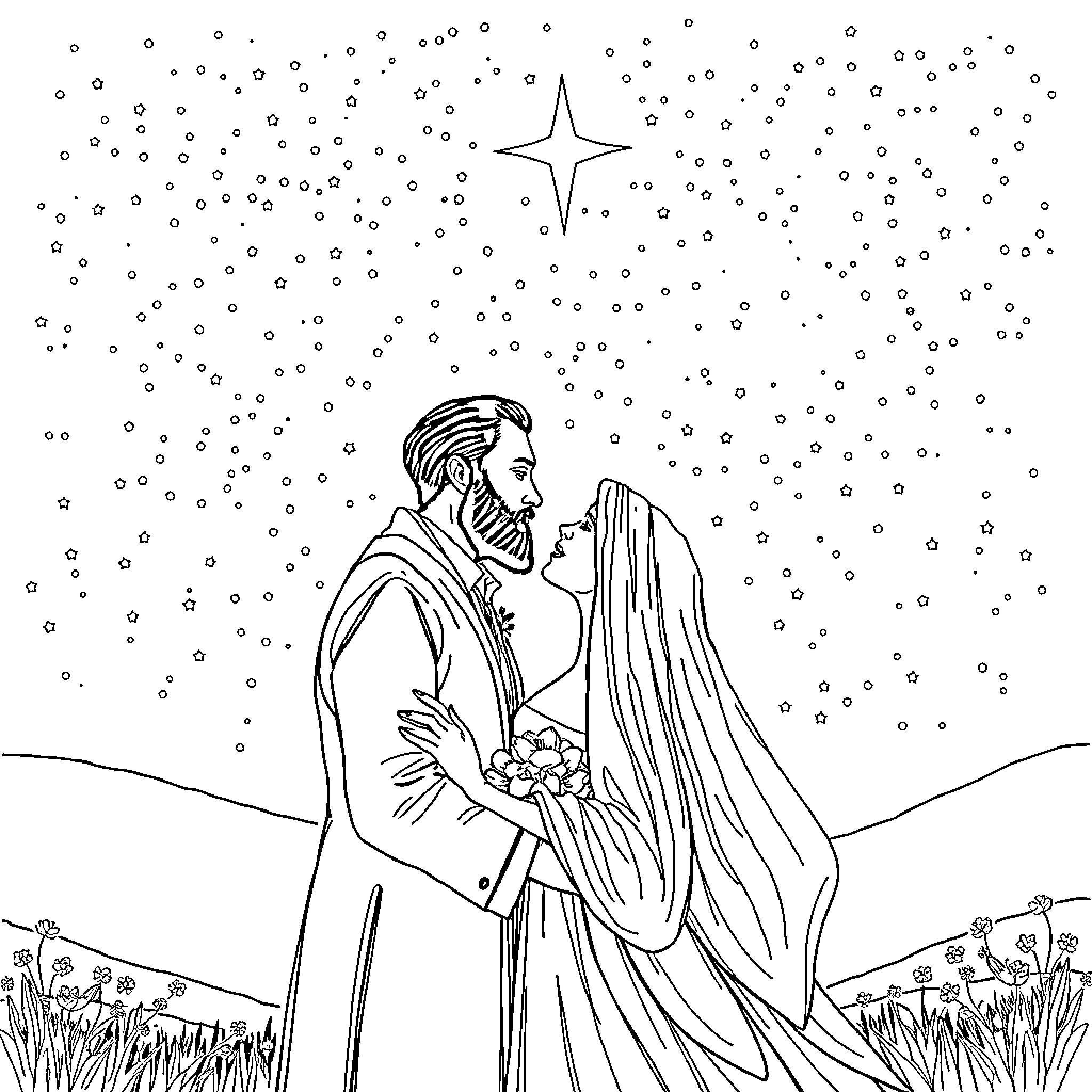 Rumi's Celestial Embrace Coloring Page (free black-and-white line drawing printable PDF for all, from beginners to advanced learners, including children, teens, adults, and seniors)