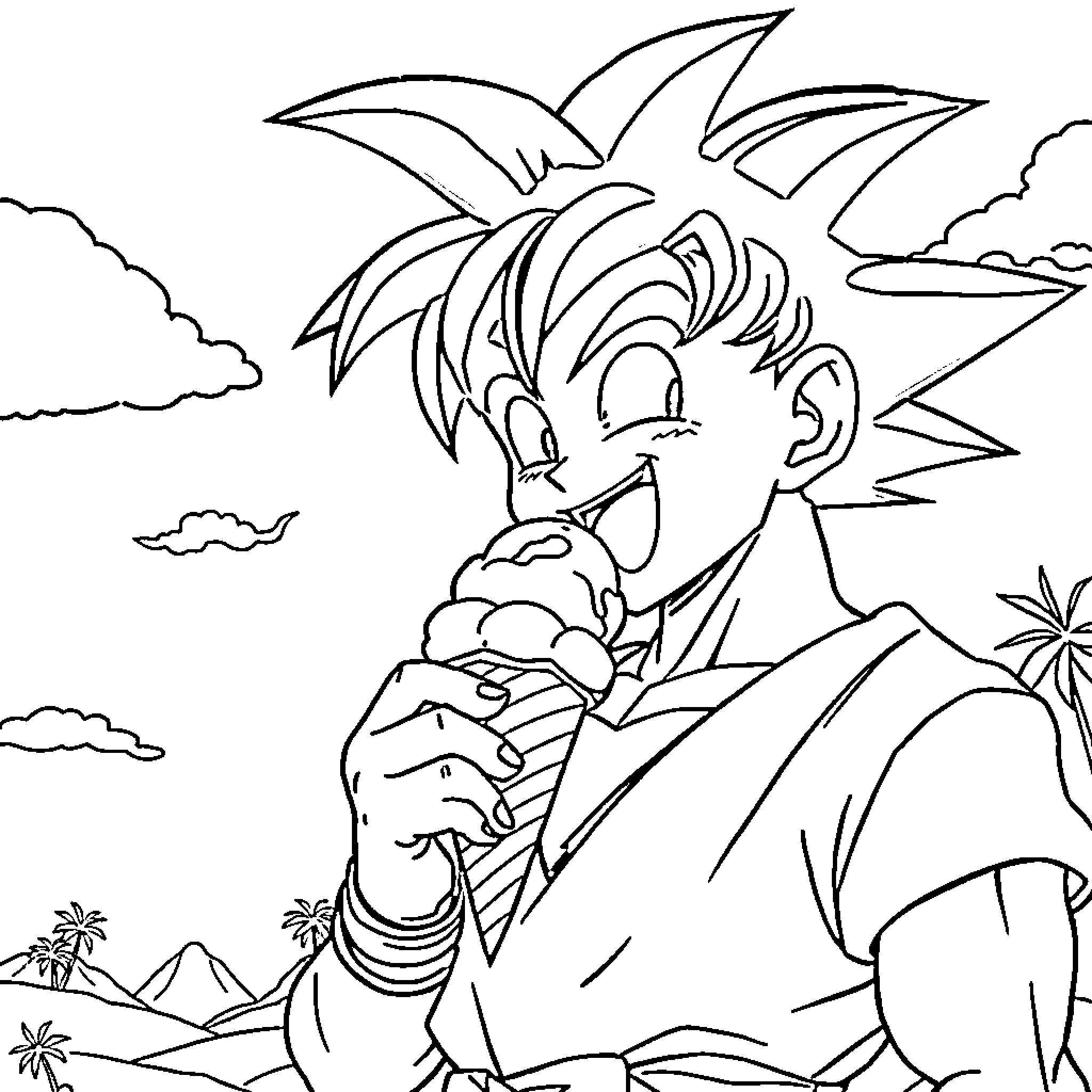 Son Goku enjoying an adventure in the wilderness Coloring Page (free black-and-white line drawing printable PDF for all, from beginners to advanced learners, including children, teens, adults, and seniors)