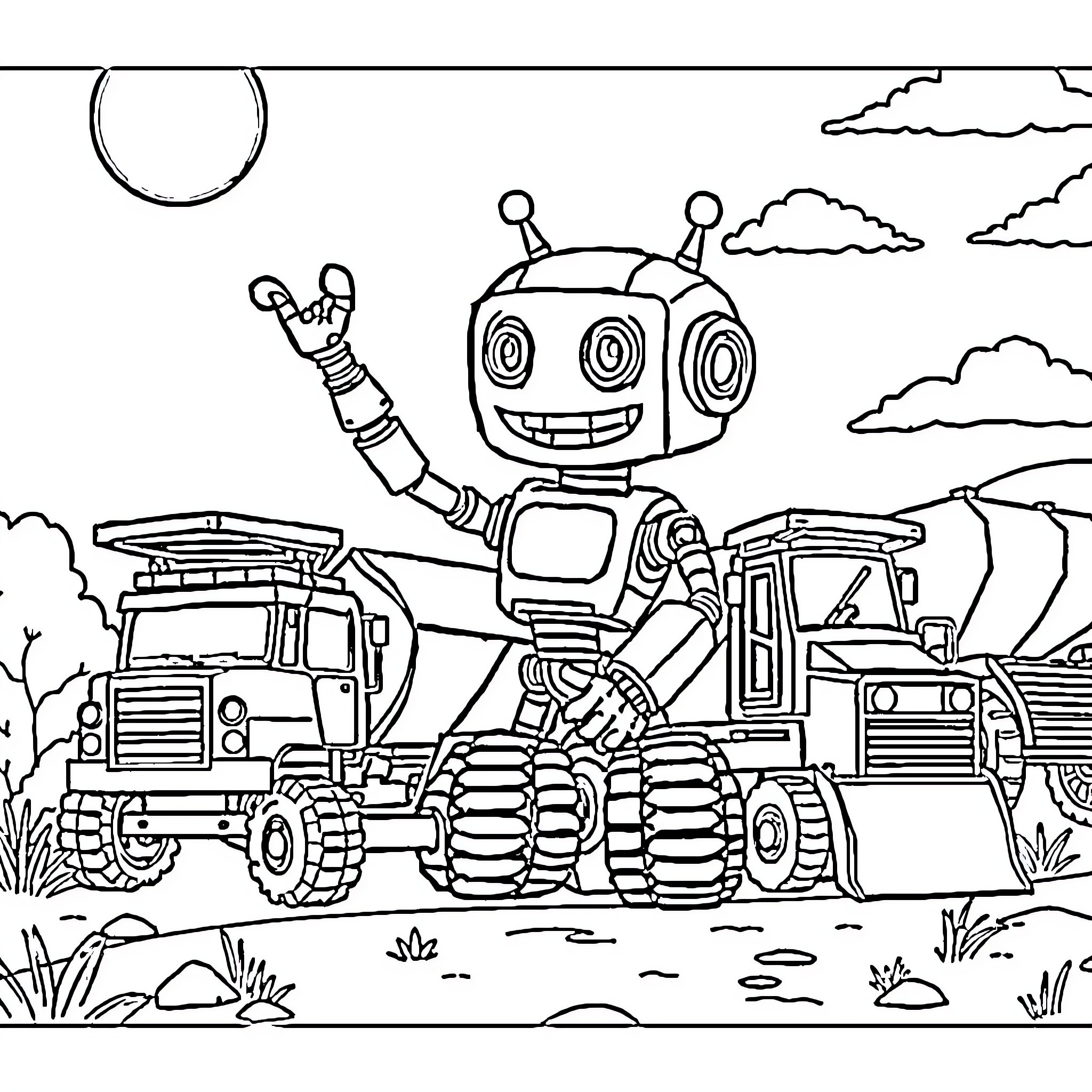 Robot cheerfully operating construction vehicles Coloring Page (free black-and-white line drawing printable PDF for all, from beginners to advanced learners, including children, teens, adults, and seniors)