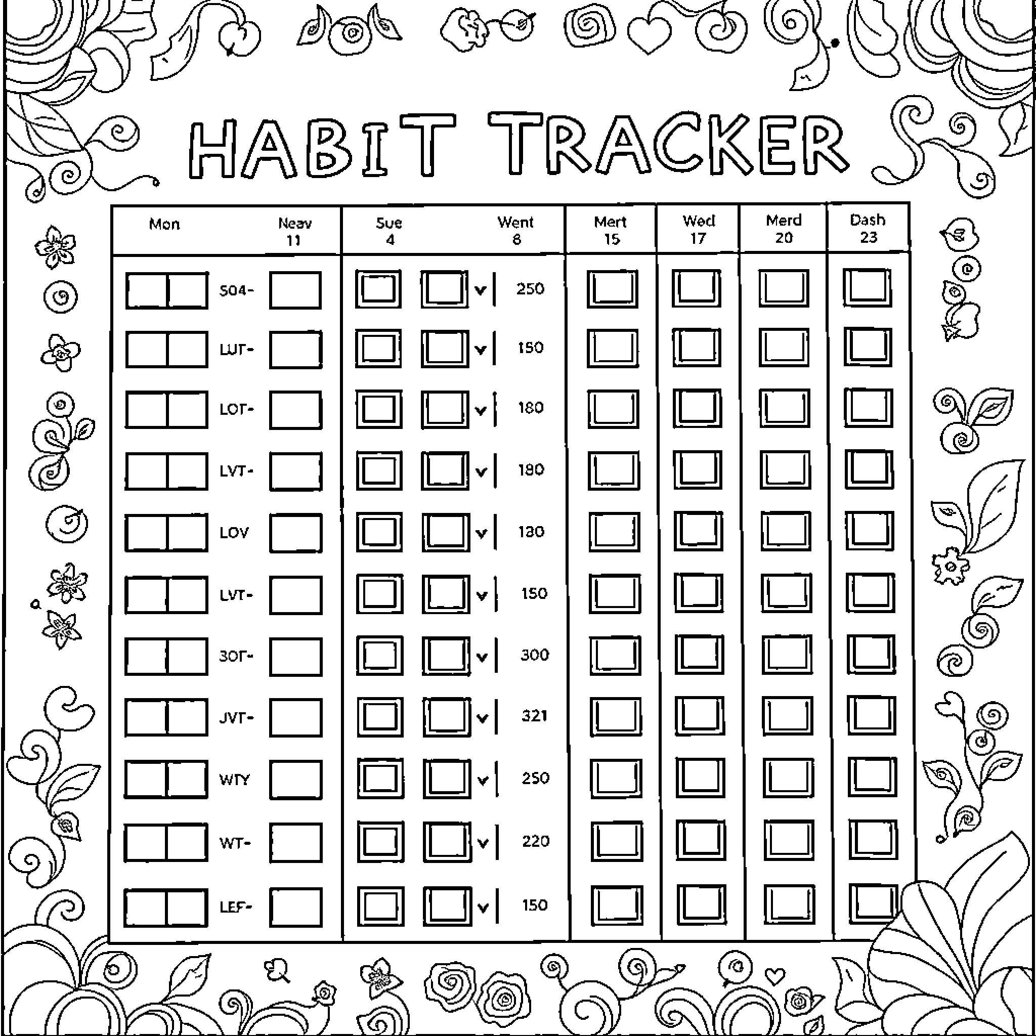 Habit Tracker with Whimsical Floral Designs Coloring Page (free black-and-white line drawing printable PDF for all, from beginners to advanced learners, including children, teens, adults, and seniors)