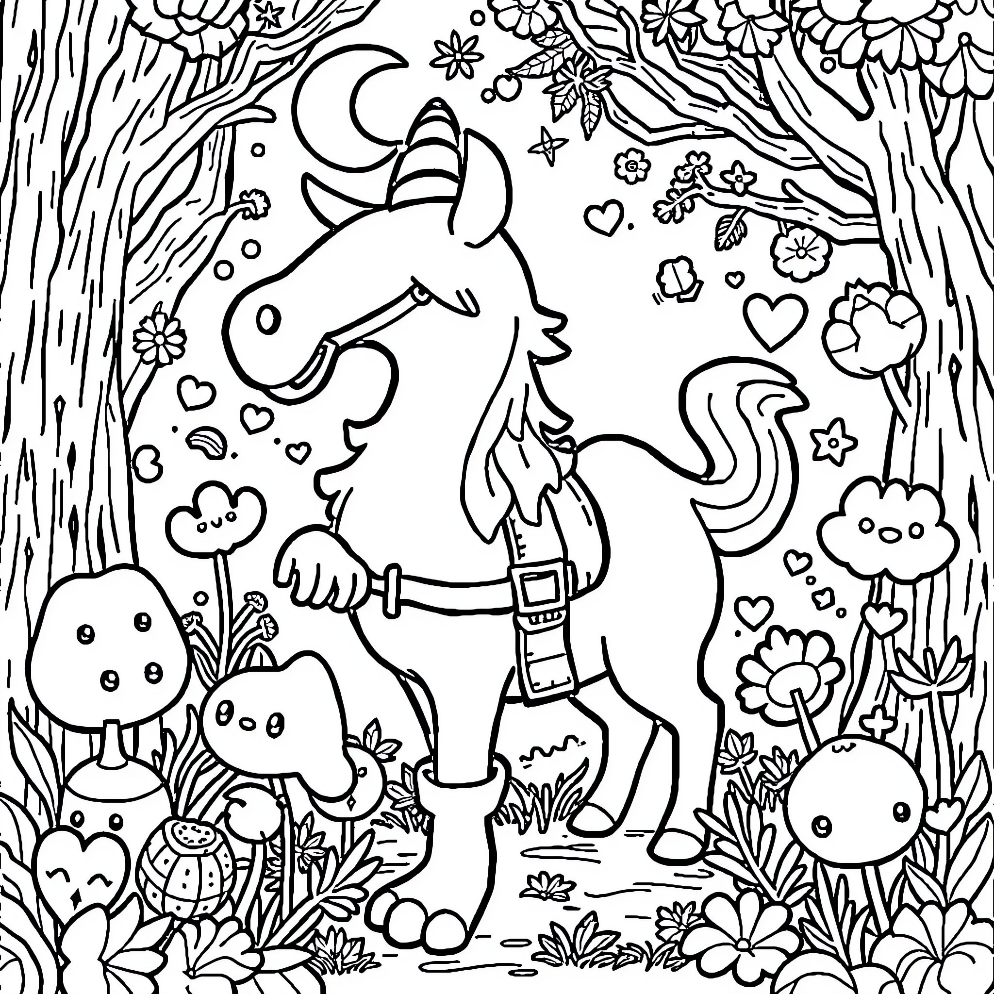Huntrix unicorn in magical forest Coloring Page (free black-and-white line drawing printable PDF for all, from beginners to advanced learners, including children, teens, adults, and seniors)