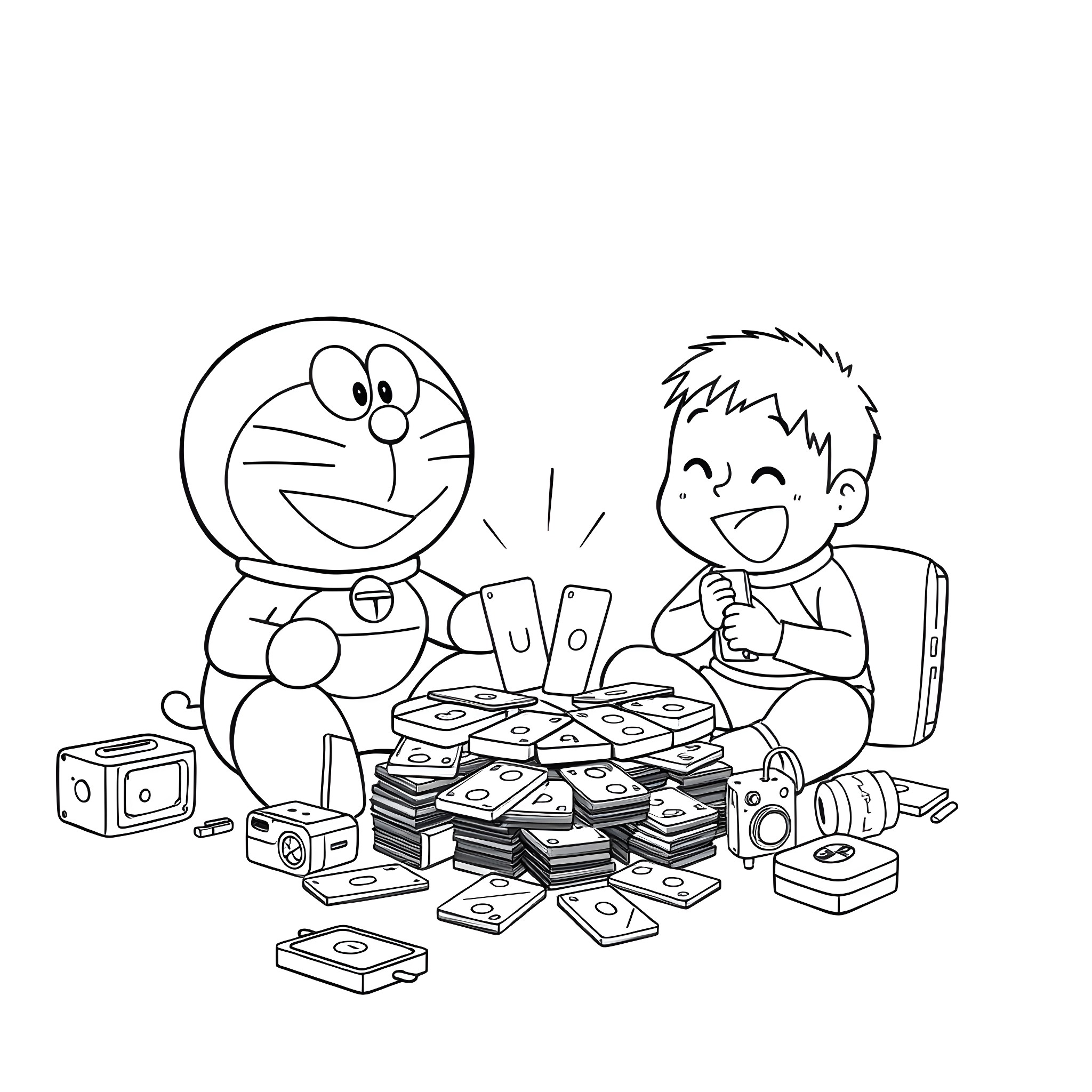 Doraemon playing with electronic gadgets with a happy boy Coloring Page (free black-and-white line drawing printable PDF for all, from beginners to advanced learners, including children, teens, adults, and seniors)