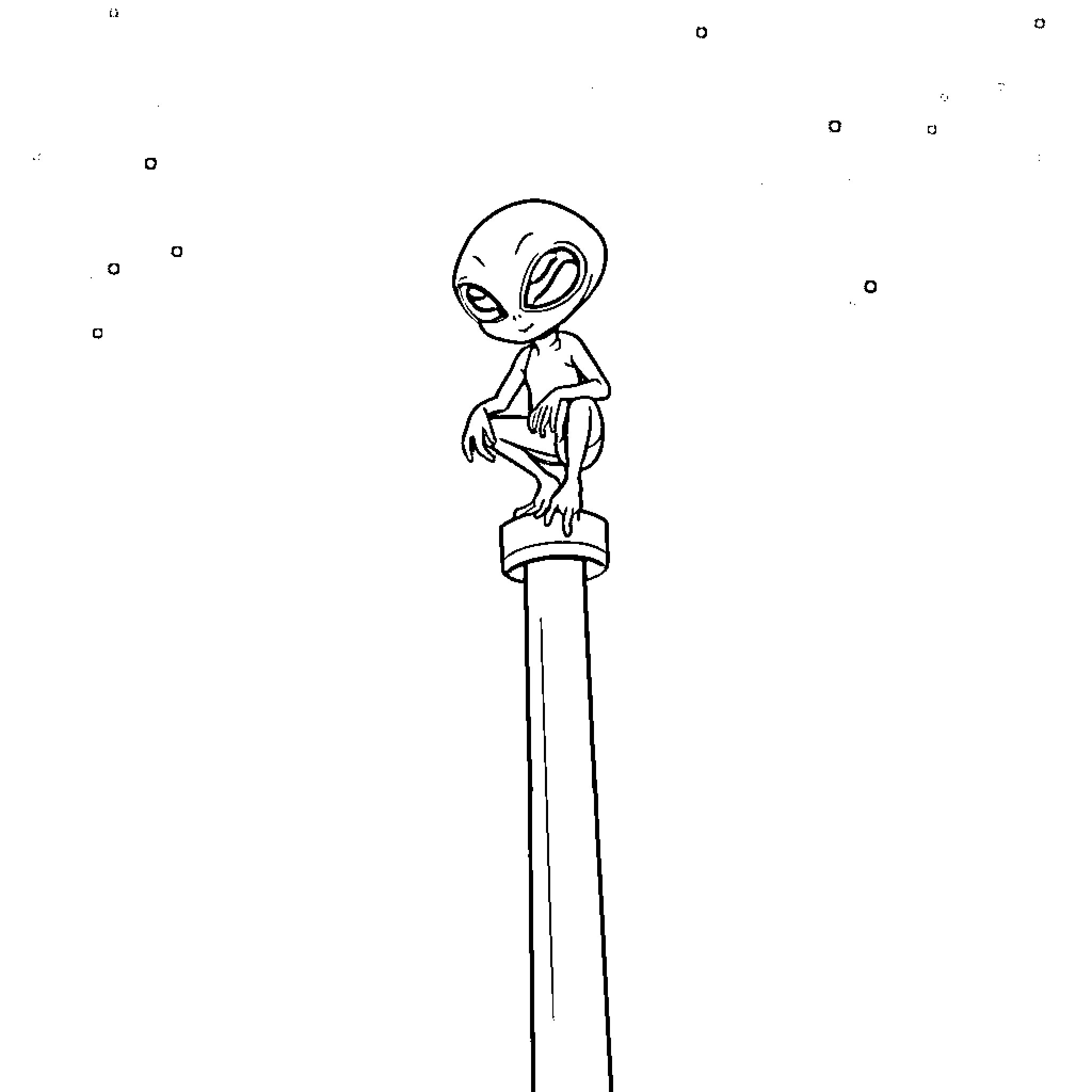 Alien sitting on a pedestal Coloring Page (free black-and-white line drawing printable PDF for all, from beginners to advanced learners, including children, teens, adults, and seniors)