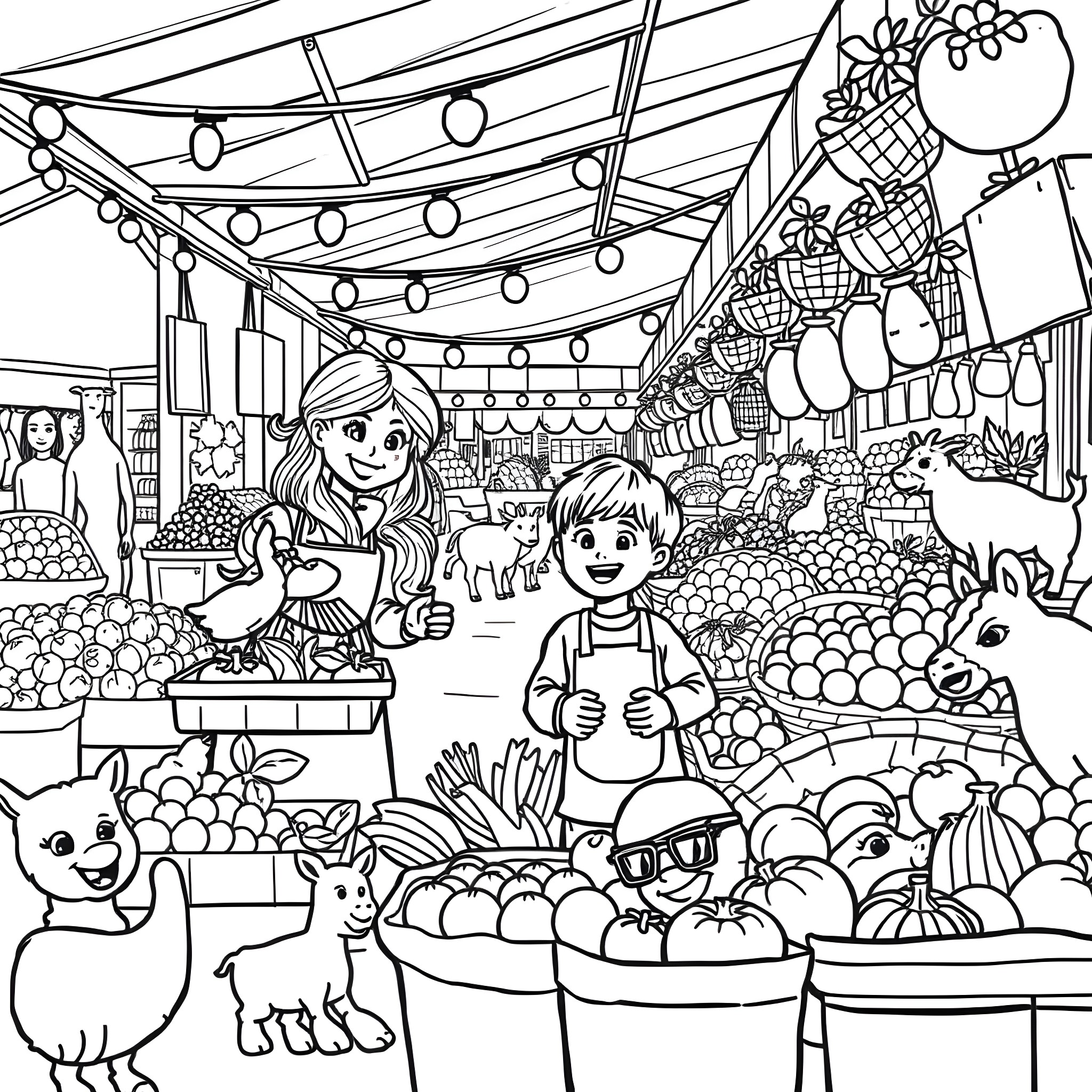 Mom and child shopping at colorful market with pets Coloring Page (free black-and-white line drawing printable PDF for all, from beginners to advanced learners, including children, teens, adults, and seniors)