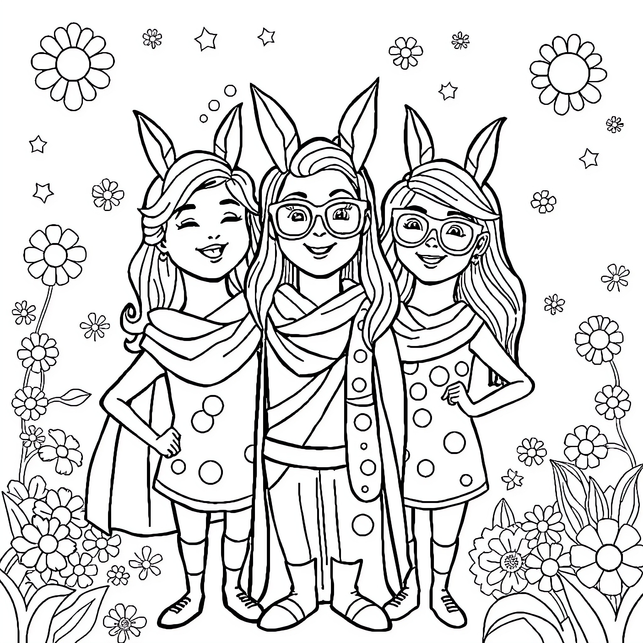 Powerpuff Girls in Playful Outfits with Flowers Coloring Page (free black-and-white line drawing printable PDF for all, from beginners to advanced learners, including children, teens, adults, and seniors)