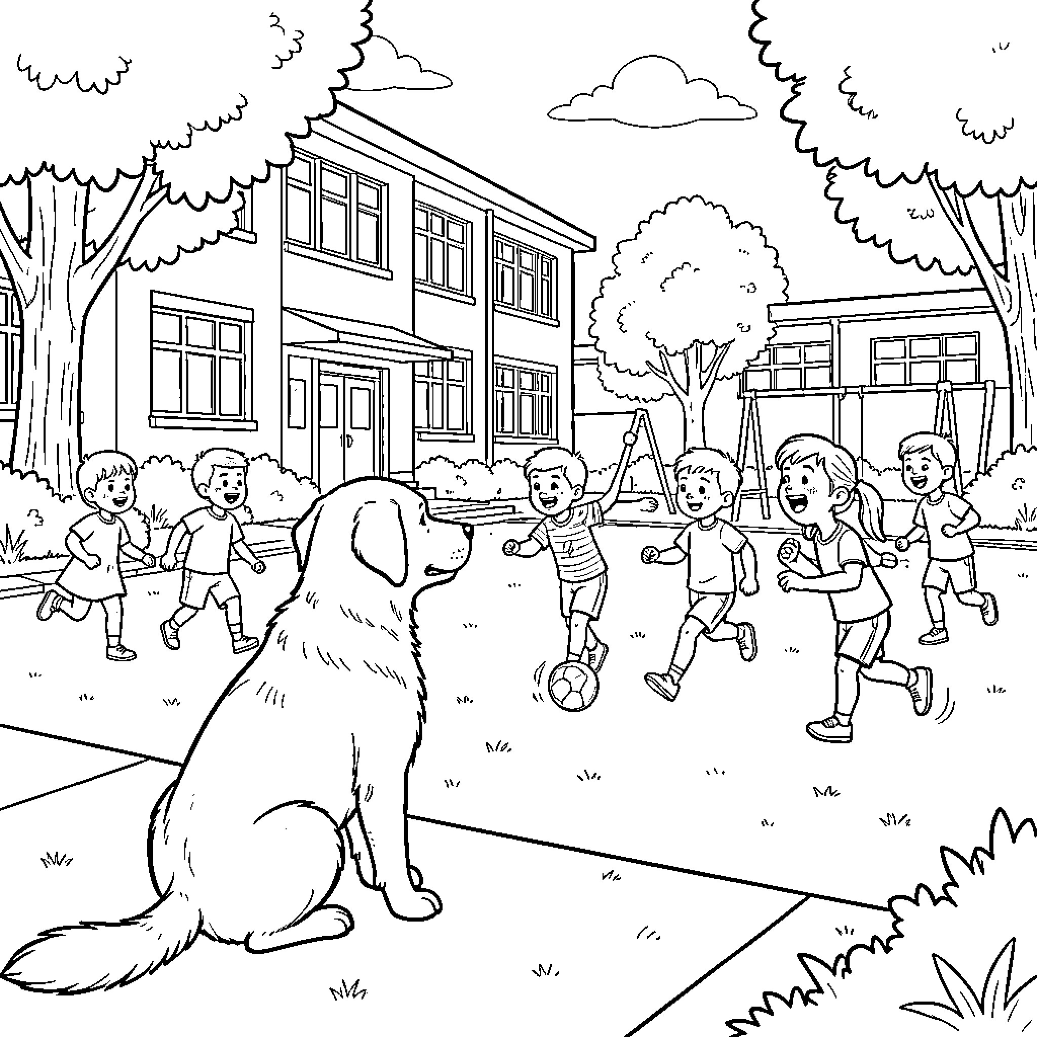 Dog watching kids playing ball outside school Coloring Page (free black-and-white line drawing printable PDF for all, from beginners to advanced learners, including children, teens, adults, and seniors)