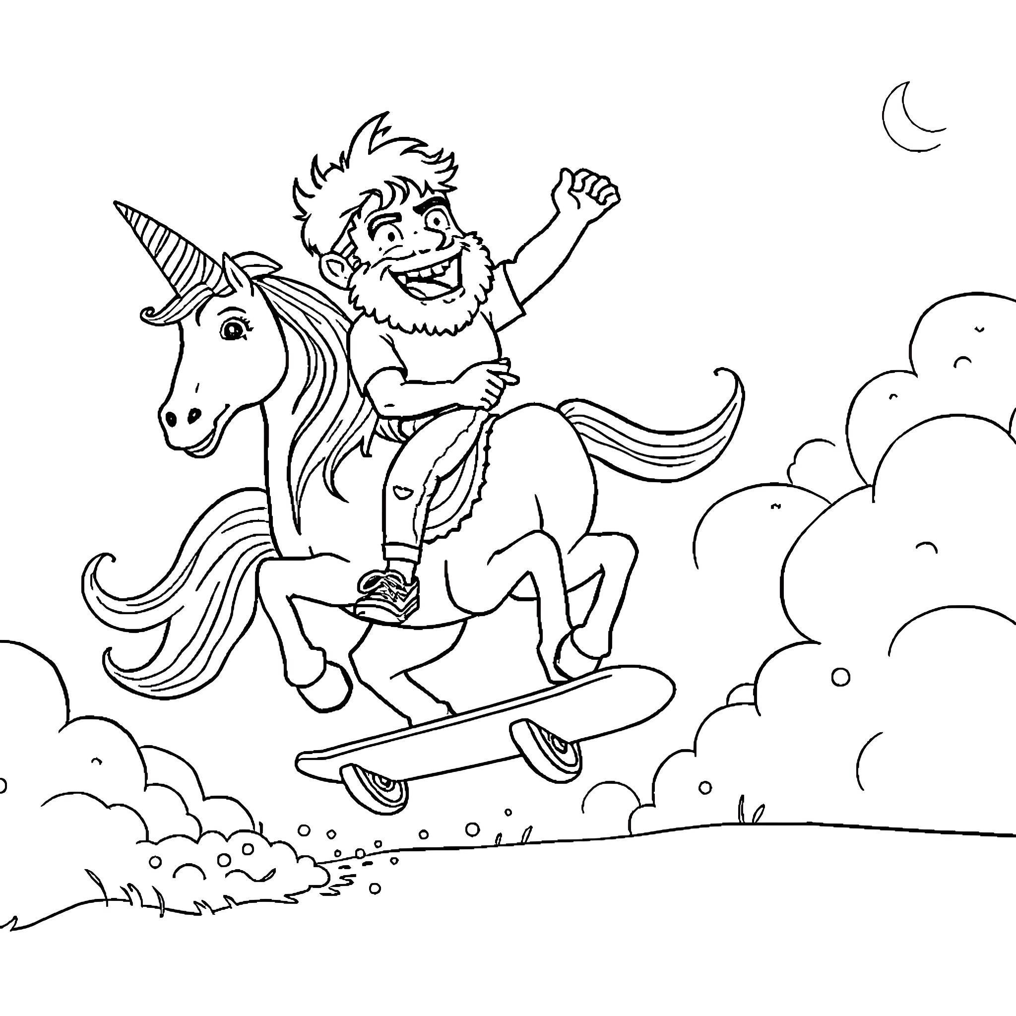 Bam Margera riding a unicorn on a skateboard Coloring Page (free black-and-white line drawing printable PDF for all, from beginners to advanced learners, including children, teens, adults, and seniors)