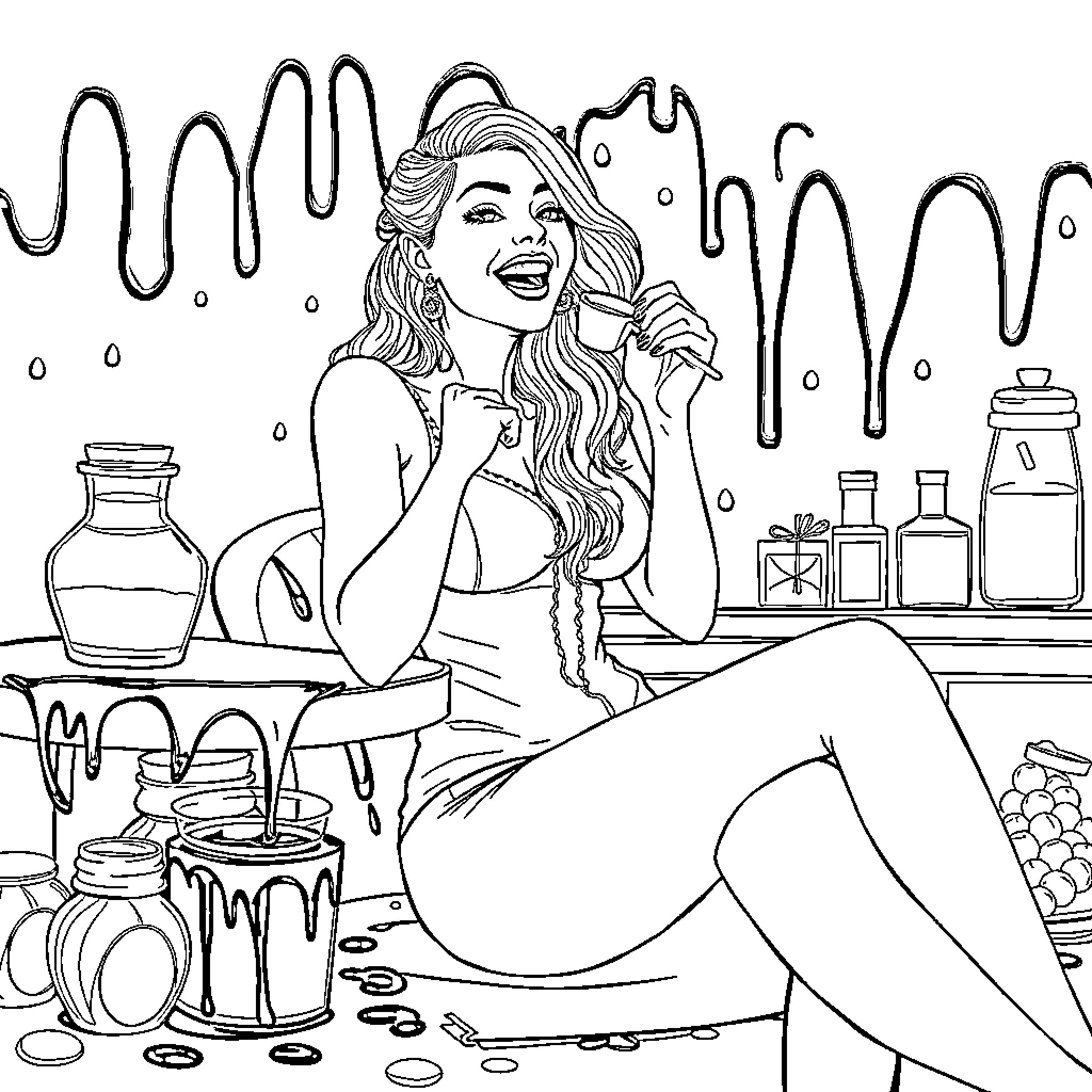 Woman creating art in her studio Coloring Page (free black-and-white line drawing printable PDF for all, from beginners to advanced learners, including children, teens, adults, and seniors)