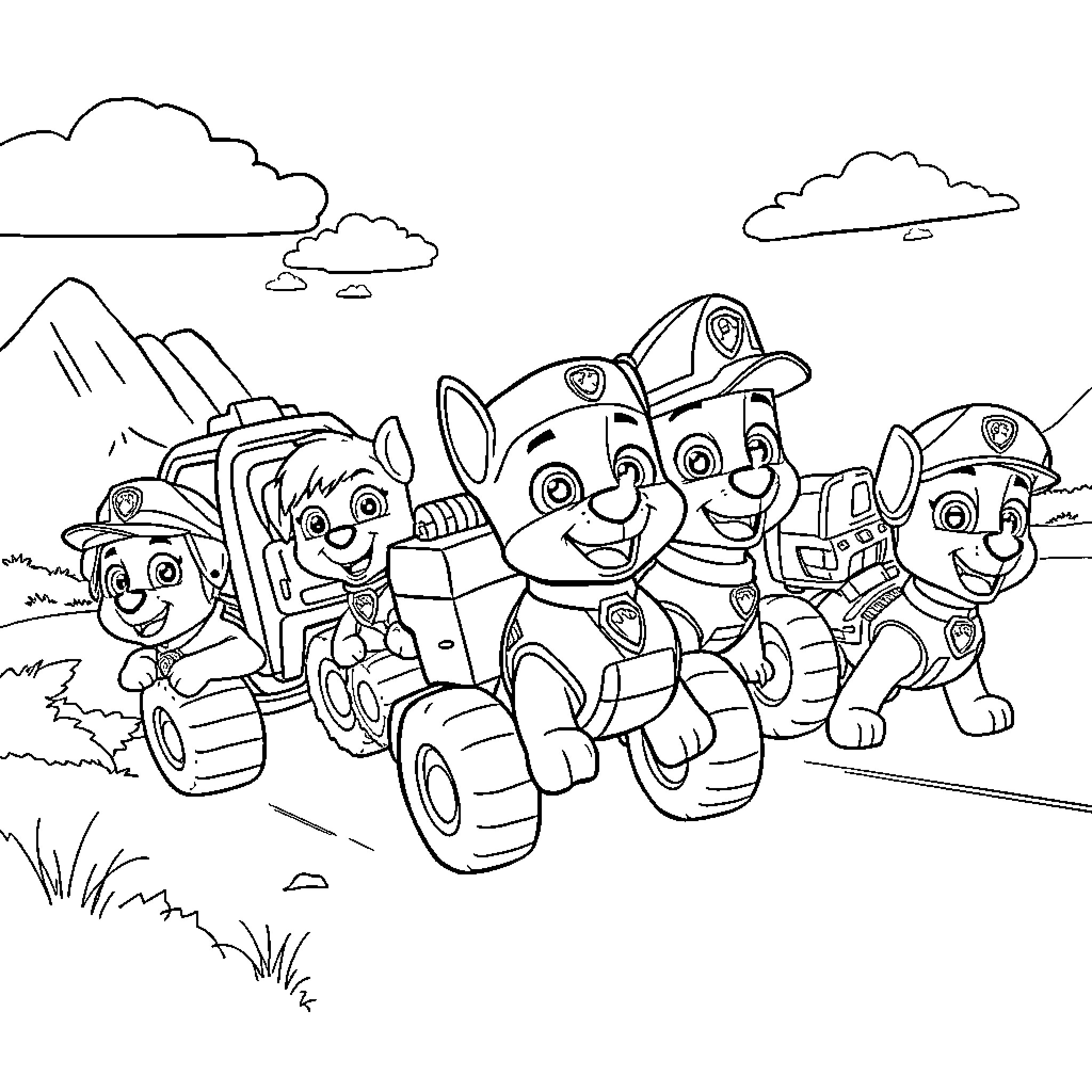 Paw Patrol vehicles and pups on an adventure Coloring Page (free black-and-white line drawing printable PDF for all, from beginners to advanced learners, including children, teens, adults, and seniors)