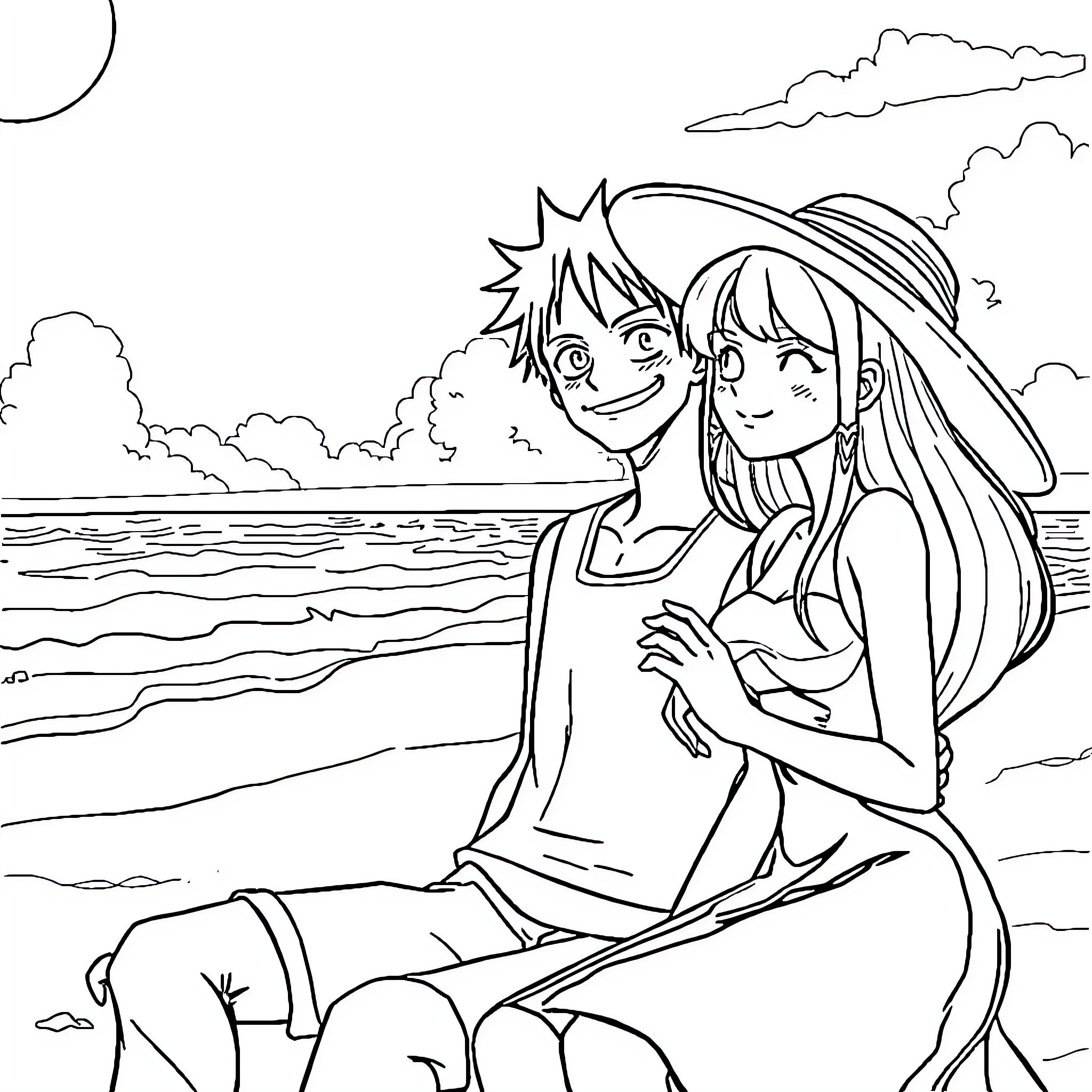 Sanji and Nami's beachside adventure Coloring Page (free black-and-white line drawing printable PDF for all, from beginners to advanced learners, including children, teens, adults, and seniors)
