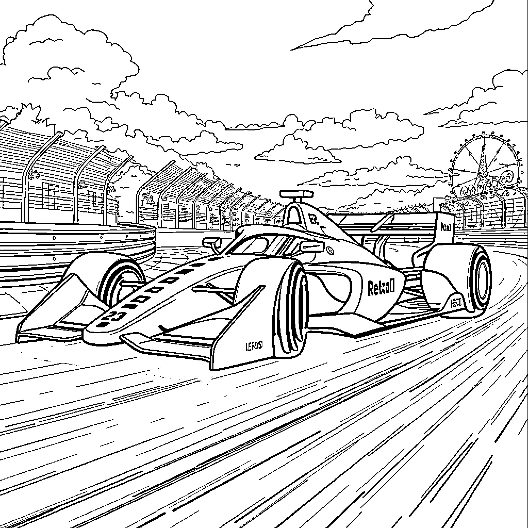Formula 1 Racing Car Speeding on Track Coloring Page (free black-and-white line drawing printable PDF for all, from beginners to advanced learners, including children, teens, adults, and seniors)