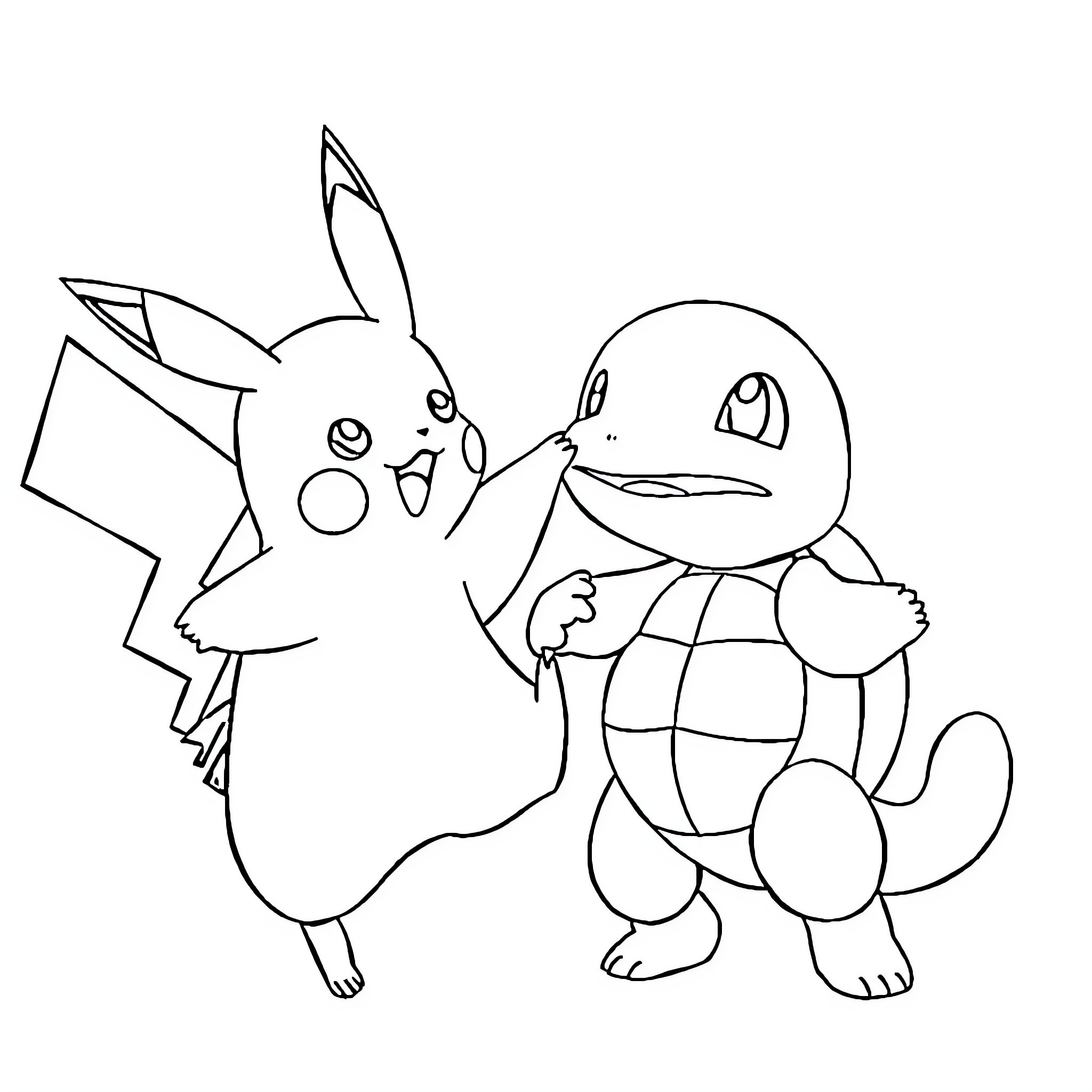 Pikachu and Squirtle playing together Coloring Page (free black-and-white line drawing printable PDF for all, from beginners to advanced learners, including children, teens, adults, and seniors)