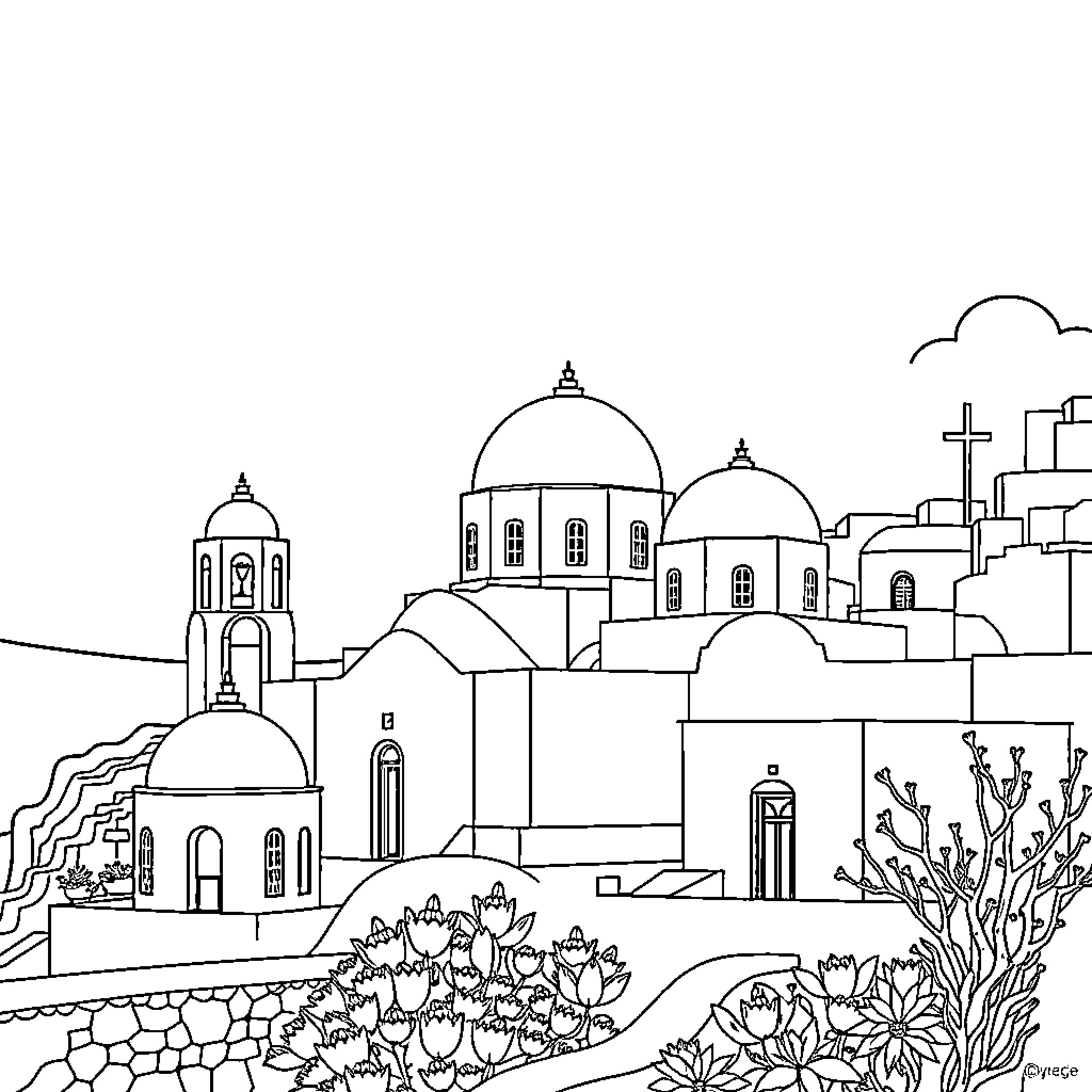 Greece - Traditional Architecture and Scenic Landscape Coloring Page (free black-and-white line drawing printable PDF for all, from beginners to advanced learners, including children, teens, adults, and seniors)