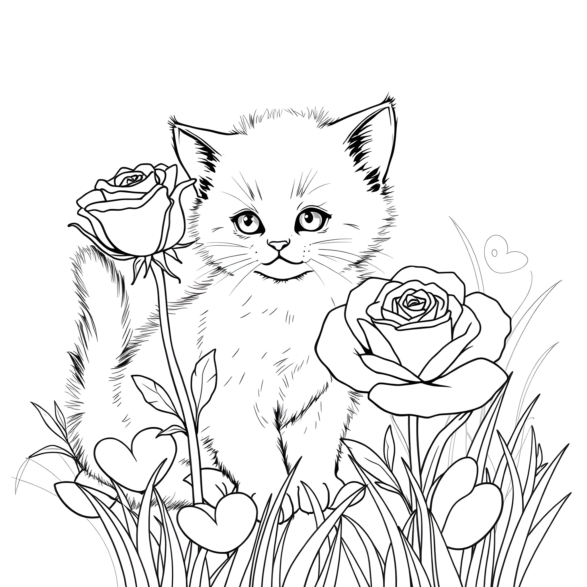 Kitten surrounded by beautiful roses Coloring Page (free black-and-white line drawing printable PDF for all, from beginners to advanced learners, including children, teens, adults, and seniors)