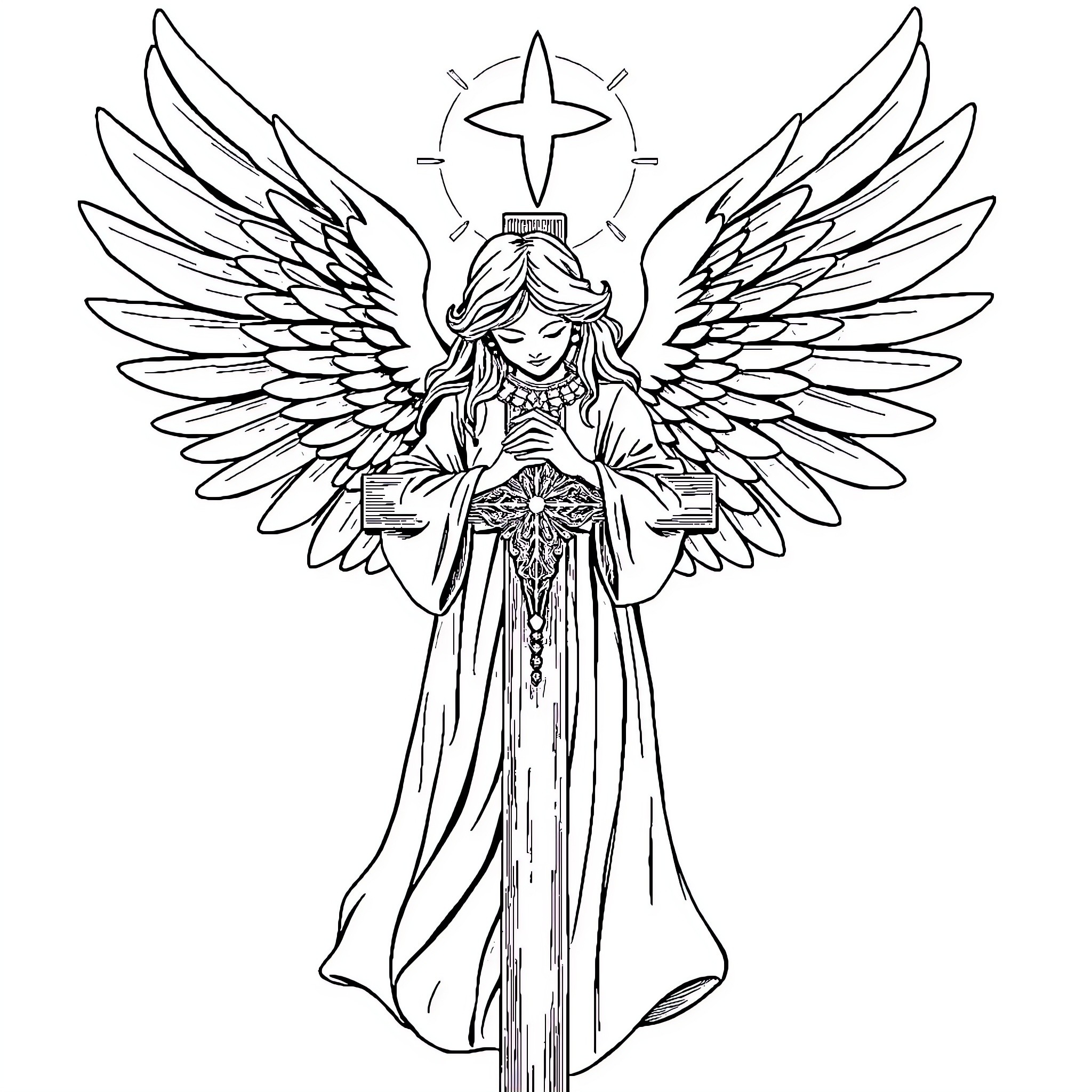 Angel Wings Guiding and Protecting Coloring Page (free black-and-white line drawing printable PDF for all, from beginners to advanced learners, including children, teens, adults, and seniors)