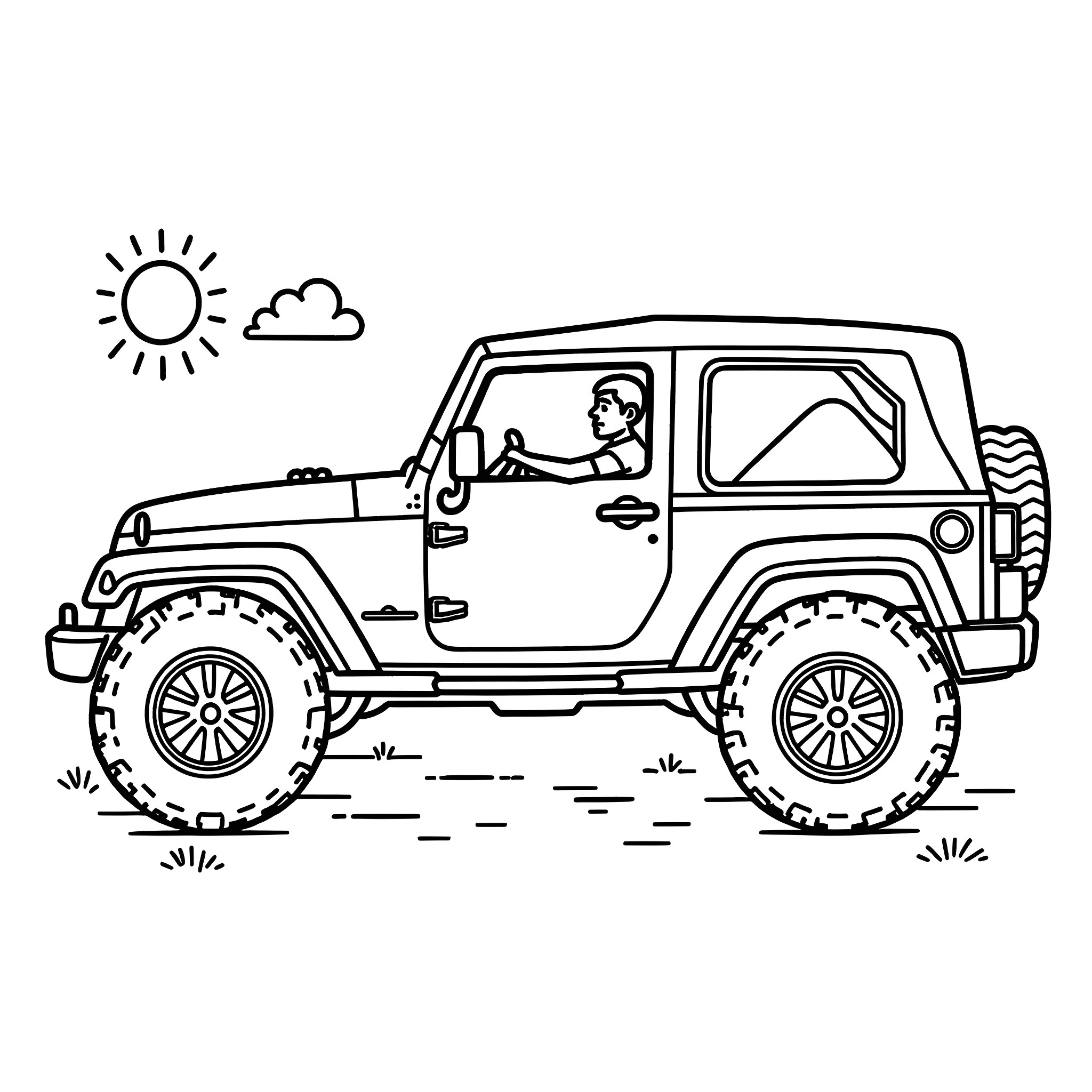 Sadar Ji driving a rugged off-road vehicle Coloring Page (free black-and-white line drawing printable PDF for all, from beginners to advanced learners, including children, teens, adults, and seniors)