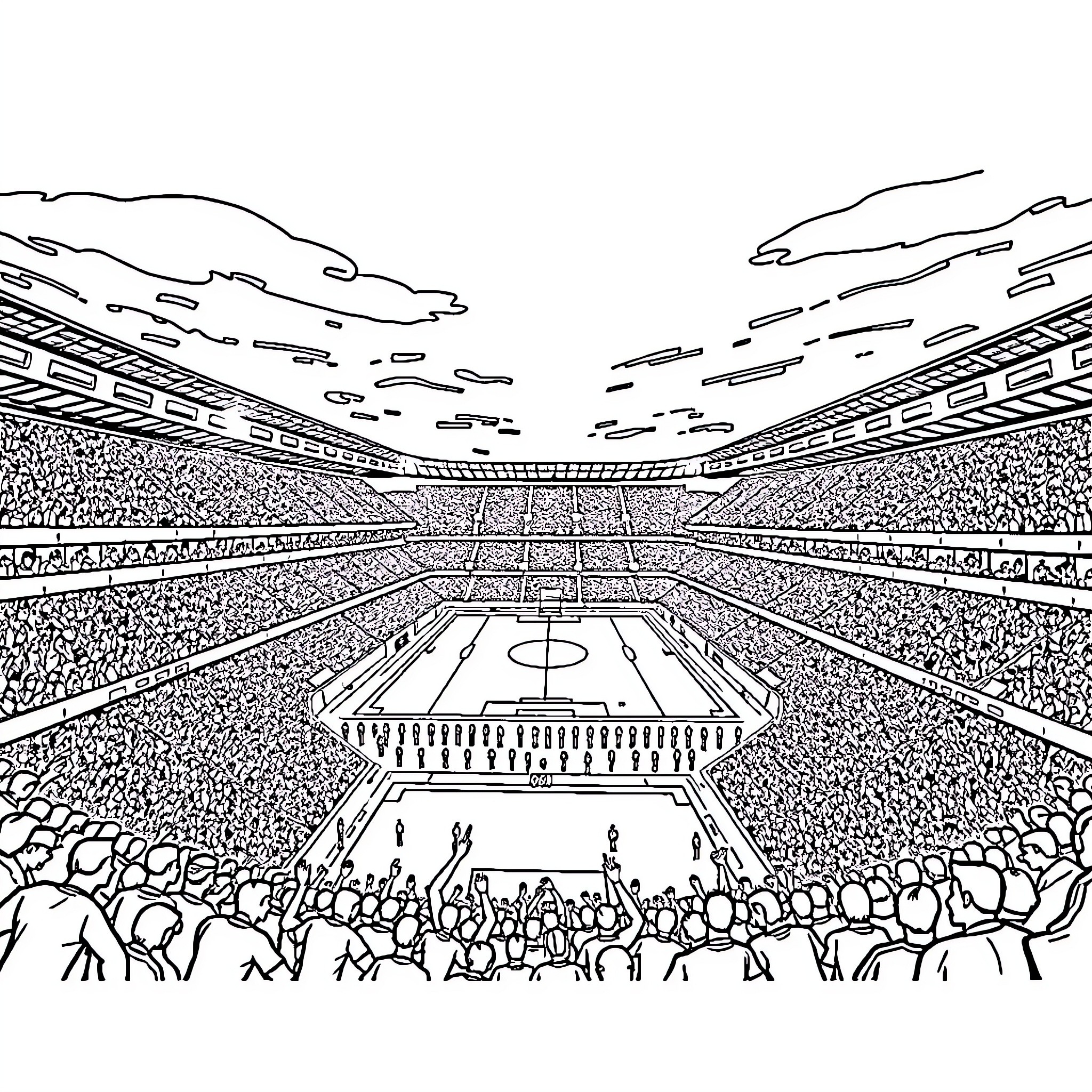 Football Stadium Filled with Excited Fans Coloring Page (free black-and-white line drawing printable PDF for all, from beginners to advanced learners, including children, teens, adults, and seniors)
