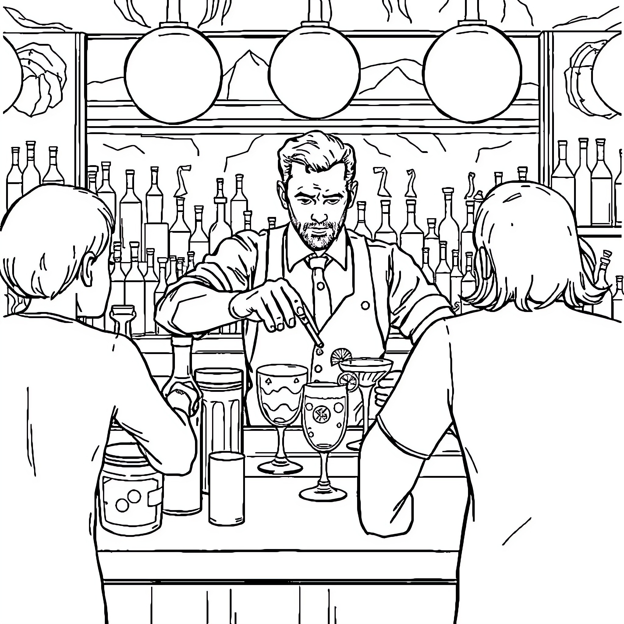 Barman mixing drinks for customers at the bar Coloring Page (free black-and-white line drawing printable PDF for all, from beginners to advanced learners, including children, teens, adults, and seniors)