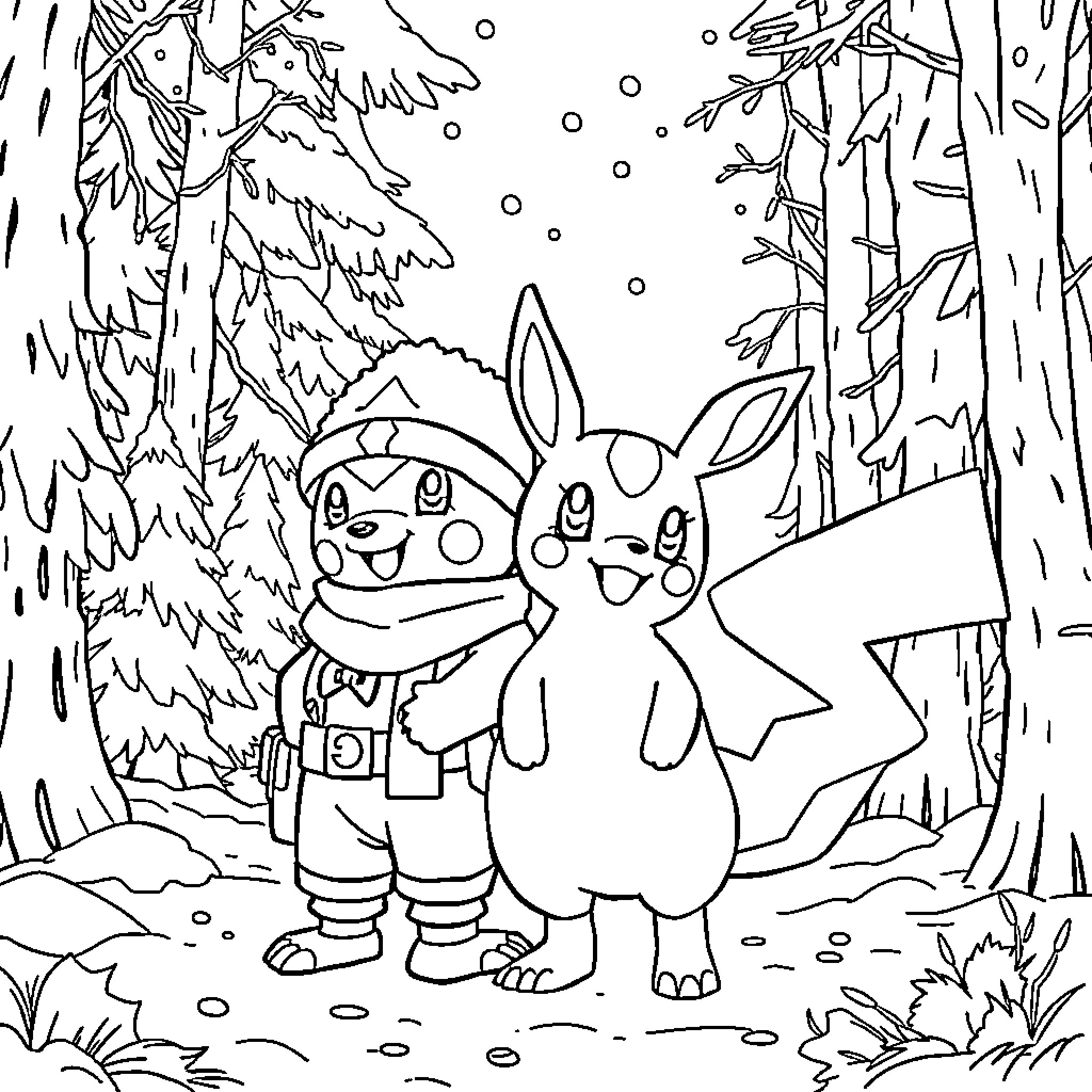 Abomasnow and Pikachu enjoying a winter wonderland Coloring Page (free black-and-white line drawing printable PDF for all, from beginners to advanced learners, including children, teens, adults, and seniors)