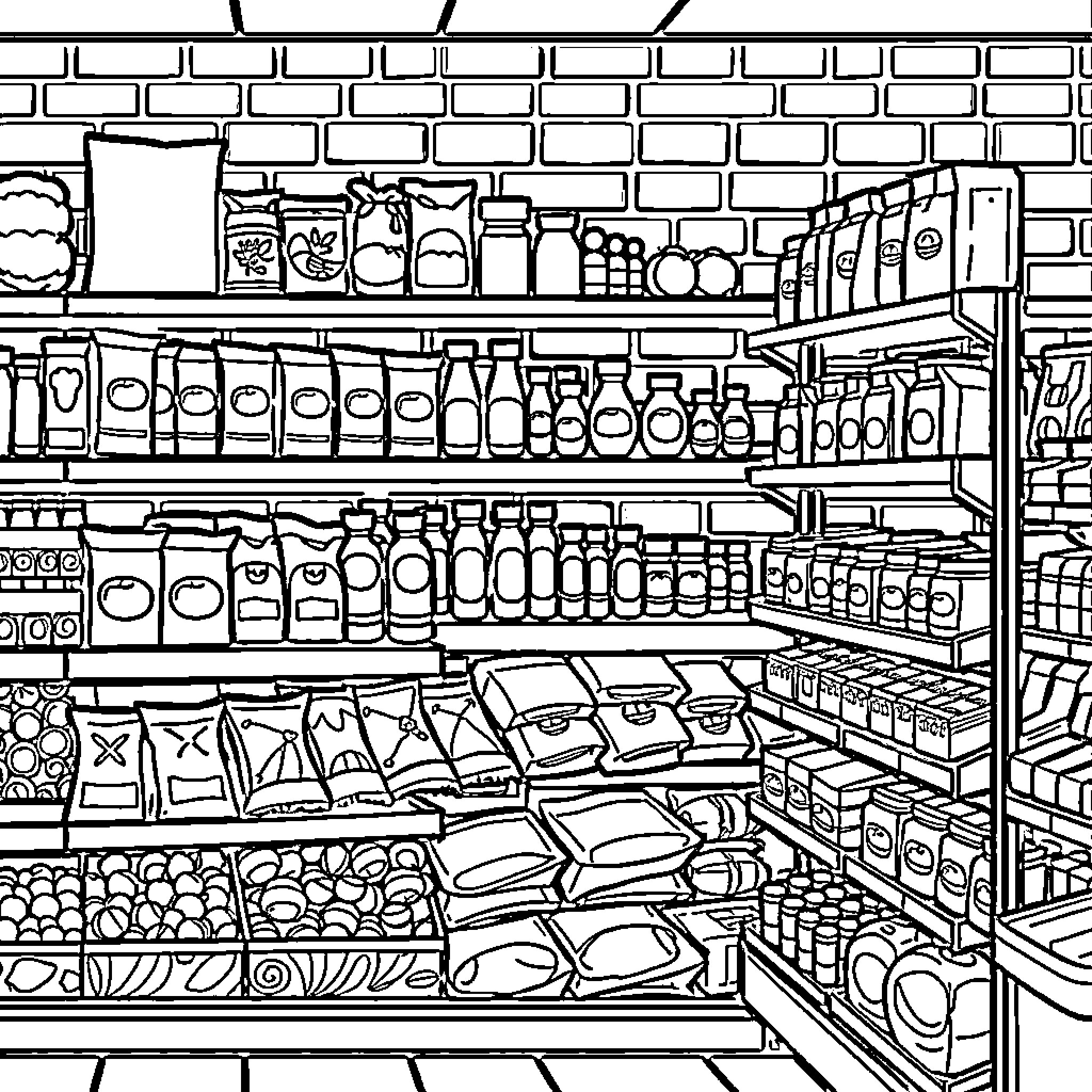 Grocery Store Shelves Stocked with Various Products Coloring Page (free black-and-white line drawing printable PDF for all, from beginners to advanced learners, including children, teens, adults, and seniors)