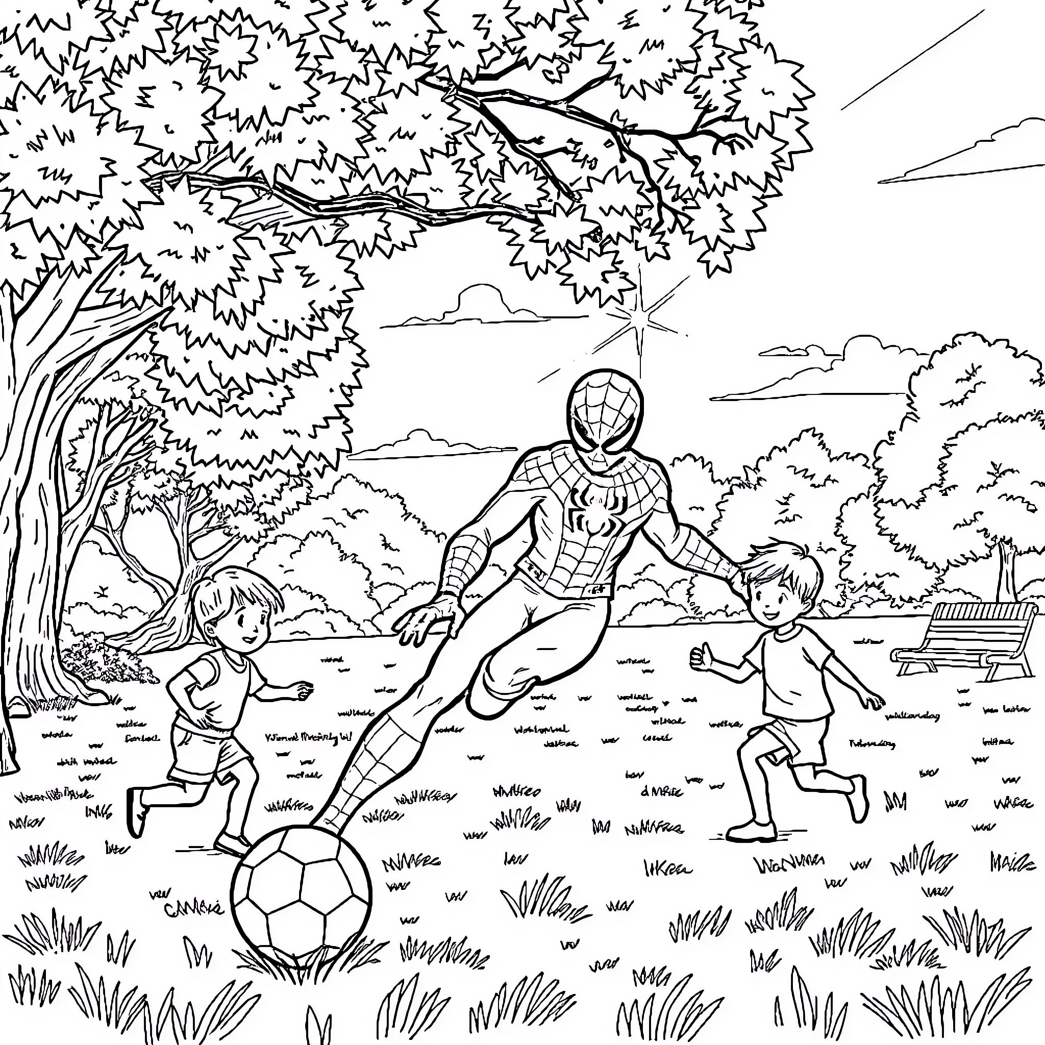Spiderman playing with children in the park Coloring Page (free black-and-white line drawing printable PDF for all, from beginners to advanced learners, including children, teens, adults, and seniors)