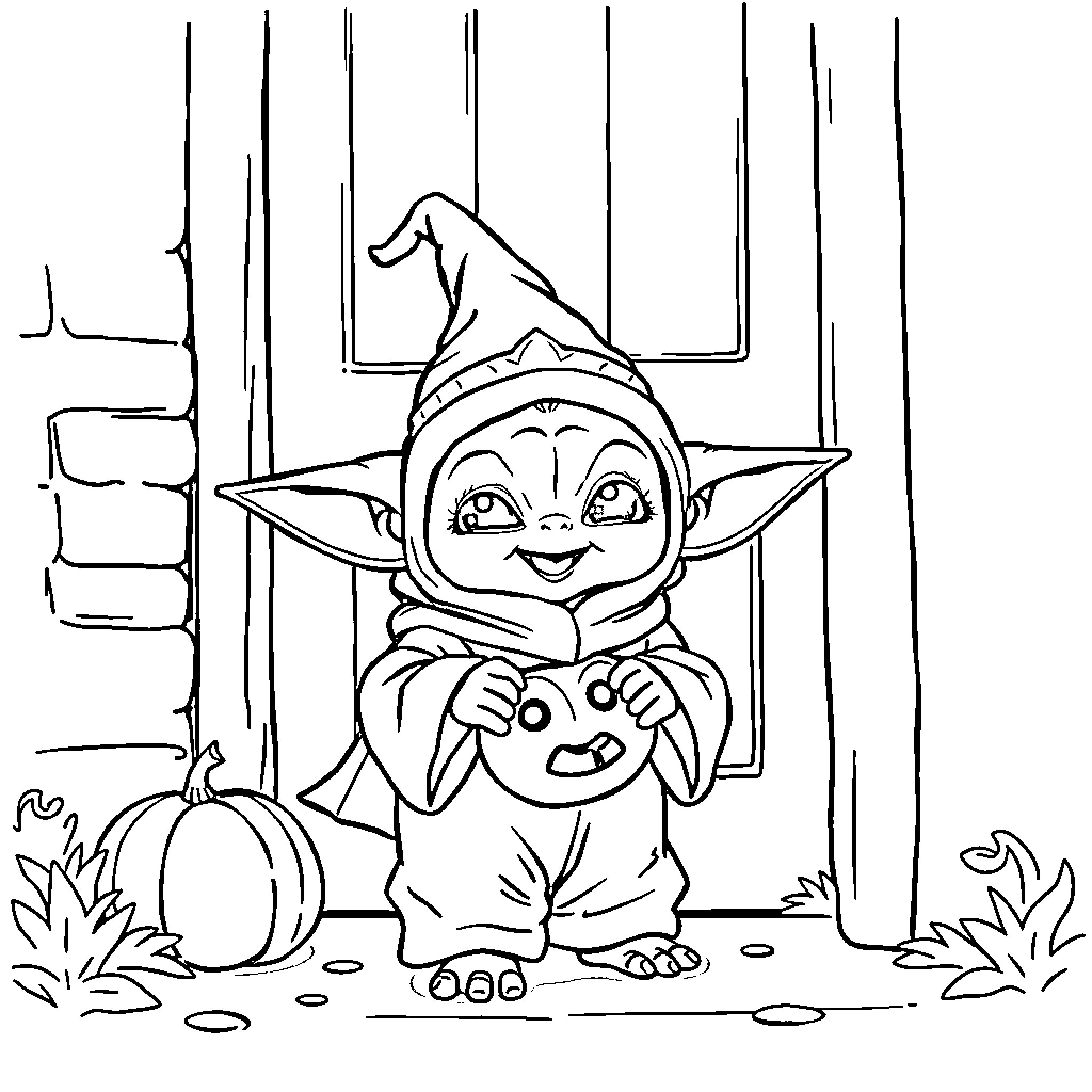 Baby Yoda enjoying autumn in a cozy costume Coloring Page (free black-and-white line drawing printable PDF for all, from beginners to advanced learners, including children, teens, adults, and seniors)