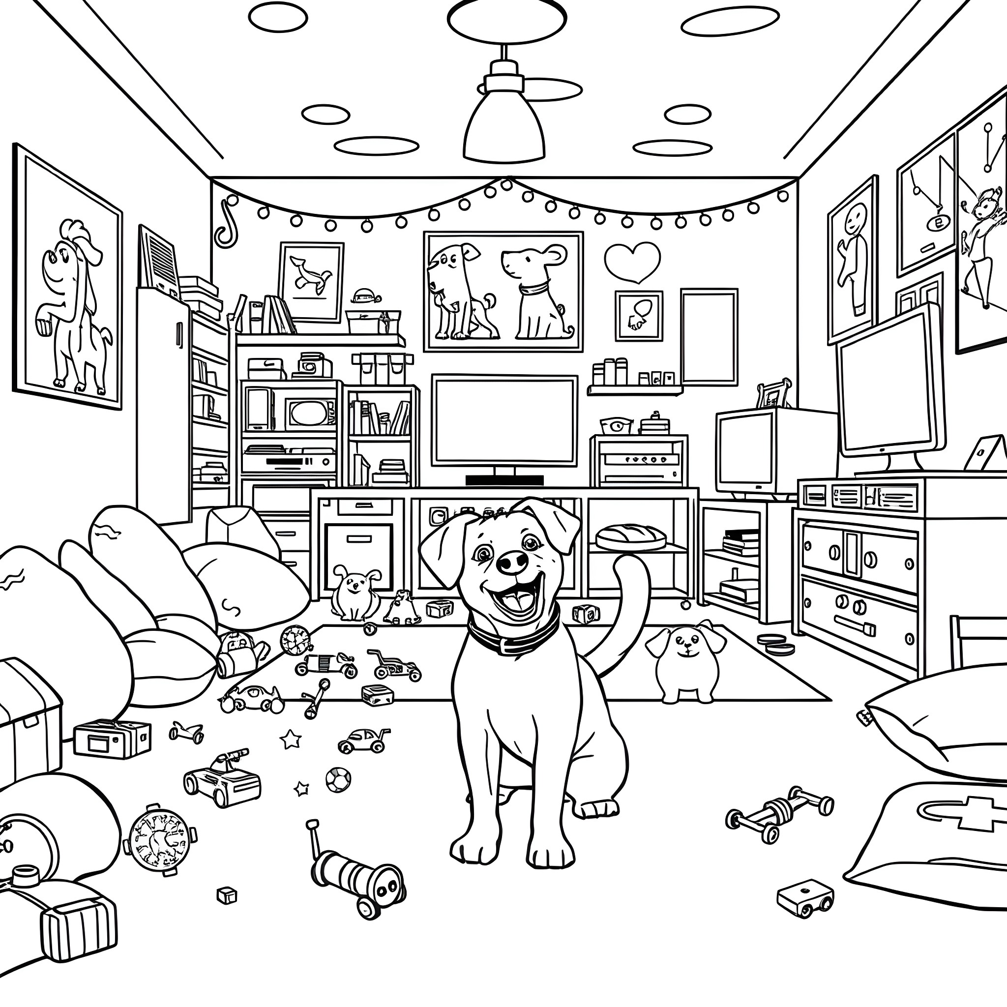 Child's Playroom with Toys and Pets Coloring Page (free black-and-white line drawing printable PDF for all, from beginners to advanced learners, including children, teens, adults, and seniors)