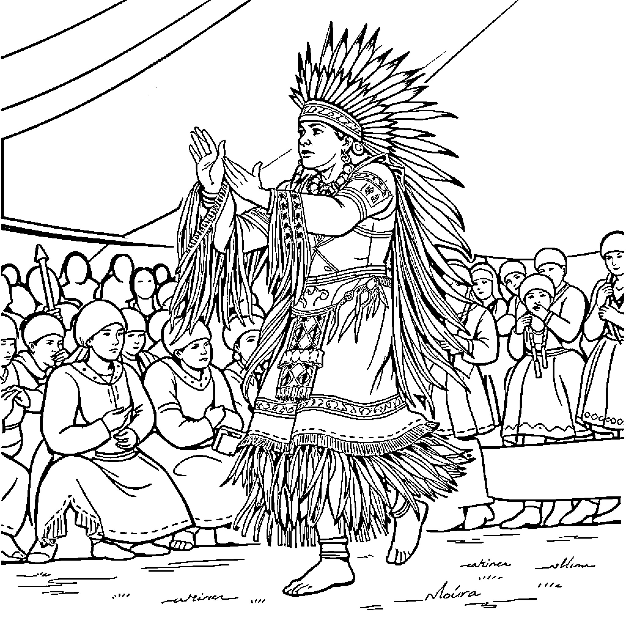 Dancer performing traditional Native American dance Coloring Page (free black-and-white line drawing printable PDF for all, from beginners to advanced learners, including children, teens, adults, and seniors)