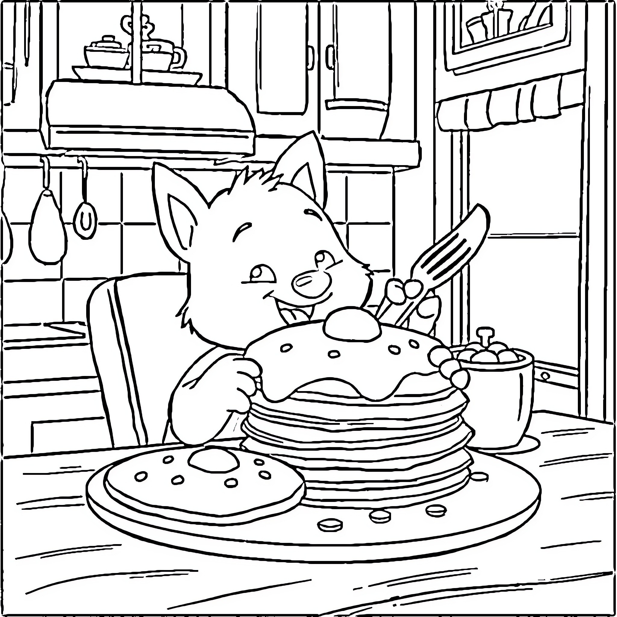 Bluey enjoying a delicious breakfast in the kitchen Coloring Page (free black-and-white line drawing printable PDF for all, from beginners to advanced learners, including children, teens, adults, and seniors)