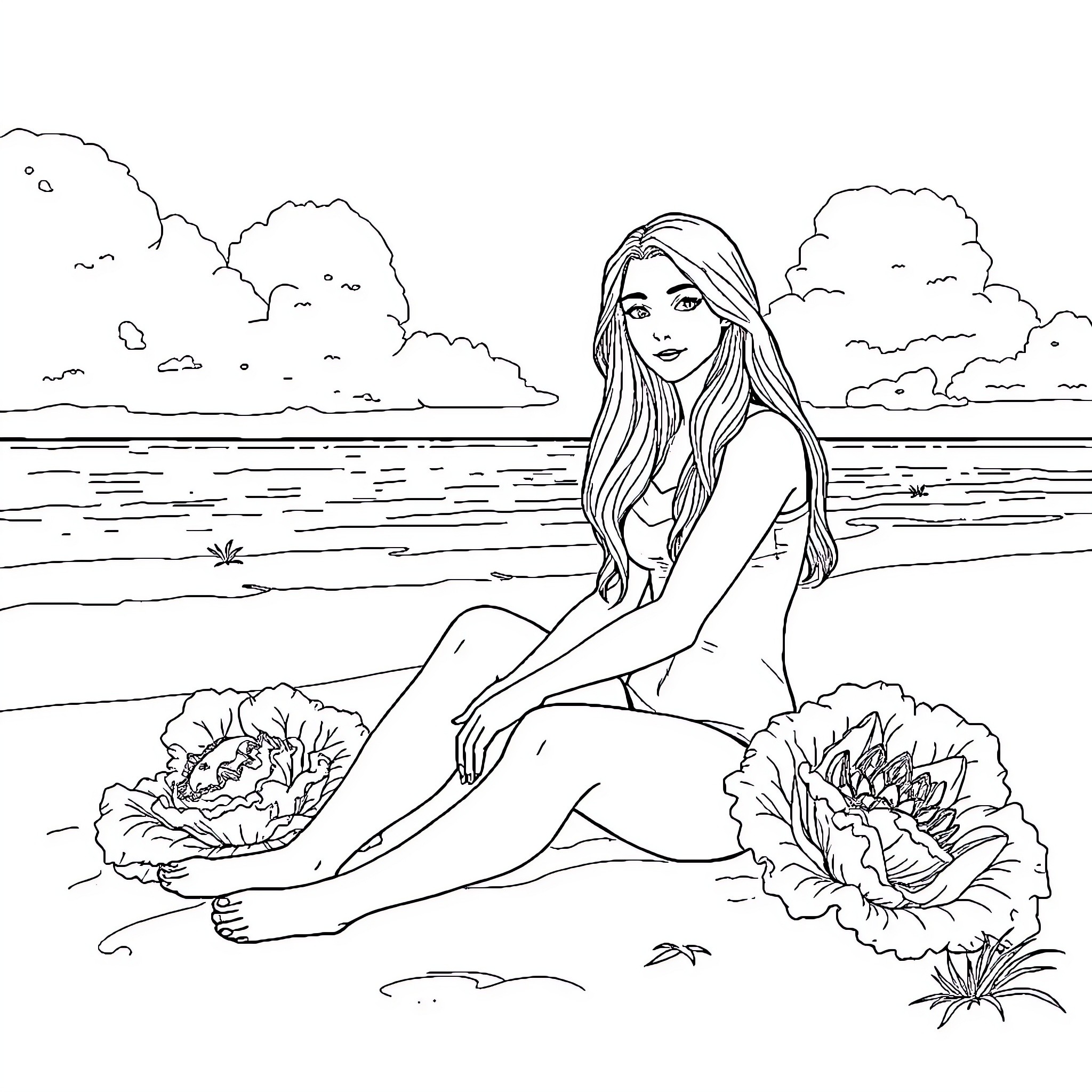 Aelin relaxing peacefully by the lake Coloring Page (free black-and-white line drawing printable PDF for all, from beginners to advanced learners, including children, teens, adults, and seniors)