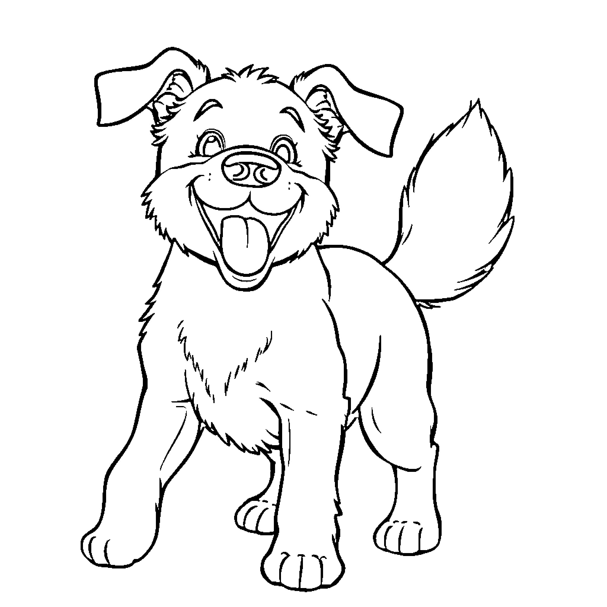 Dog happily wagging its tail Coloring Page (free black-and-white line drawing printable PDF for all, from beginners to advanced learners, including children, teens, adults, and seniors)