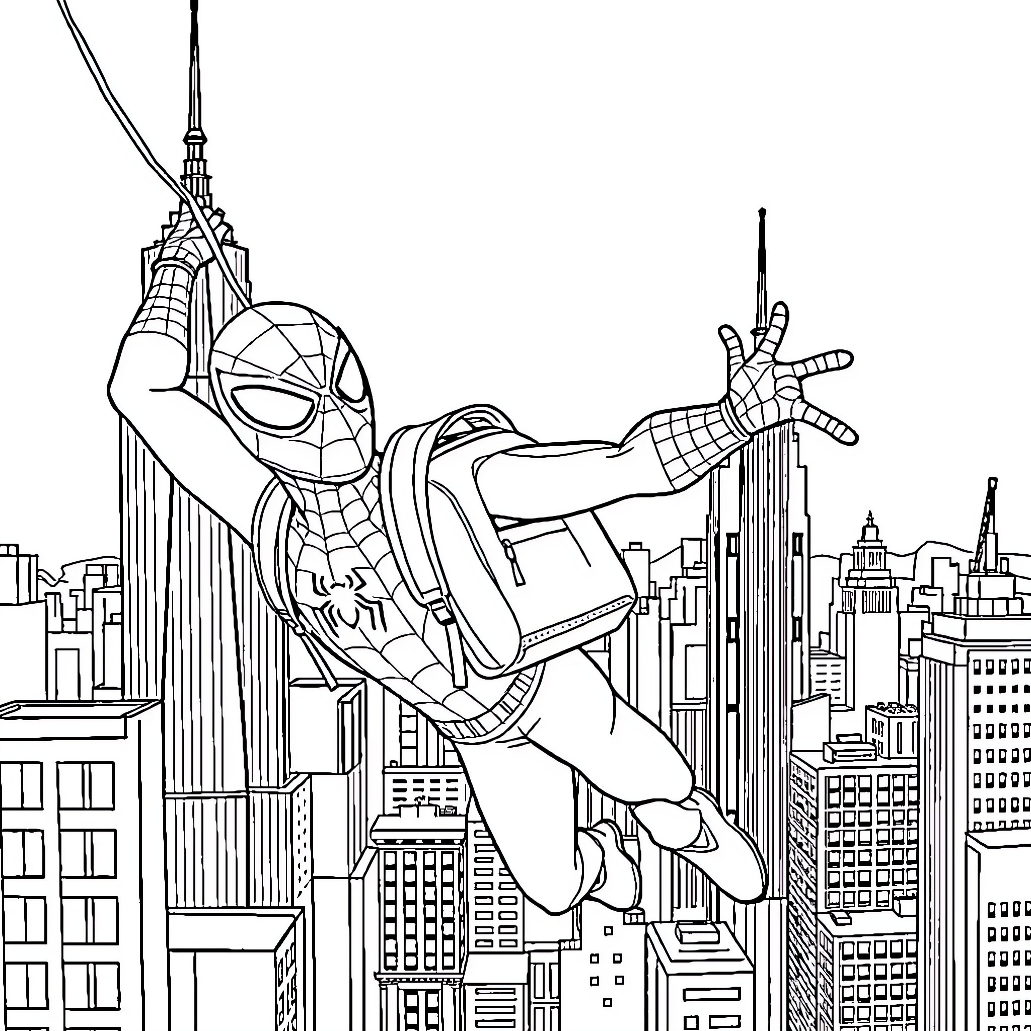 Spider-Man swinging through the city skyline Coloring Page (free black-and-white line drawing printable PDF for all, from beginners to advanced learners, including children, teens, adults, and seniors)