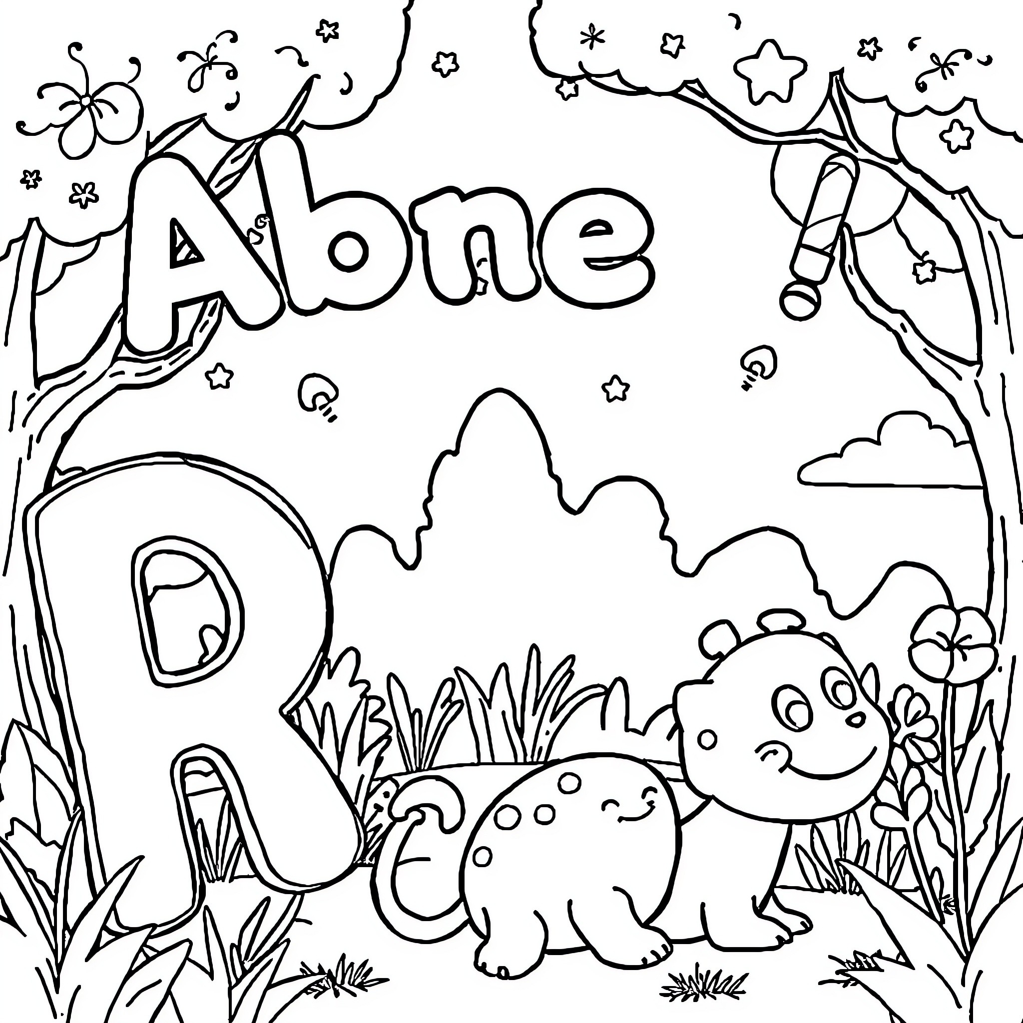 Alphabet Creatures in Whimsical Nature Scene Coloring Page (free black-and-white line drawing printable PDF for all, from beginners to advanced learners, including children, teens, adults, and seniors)