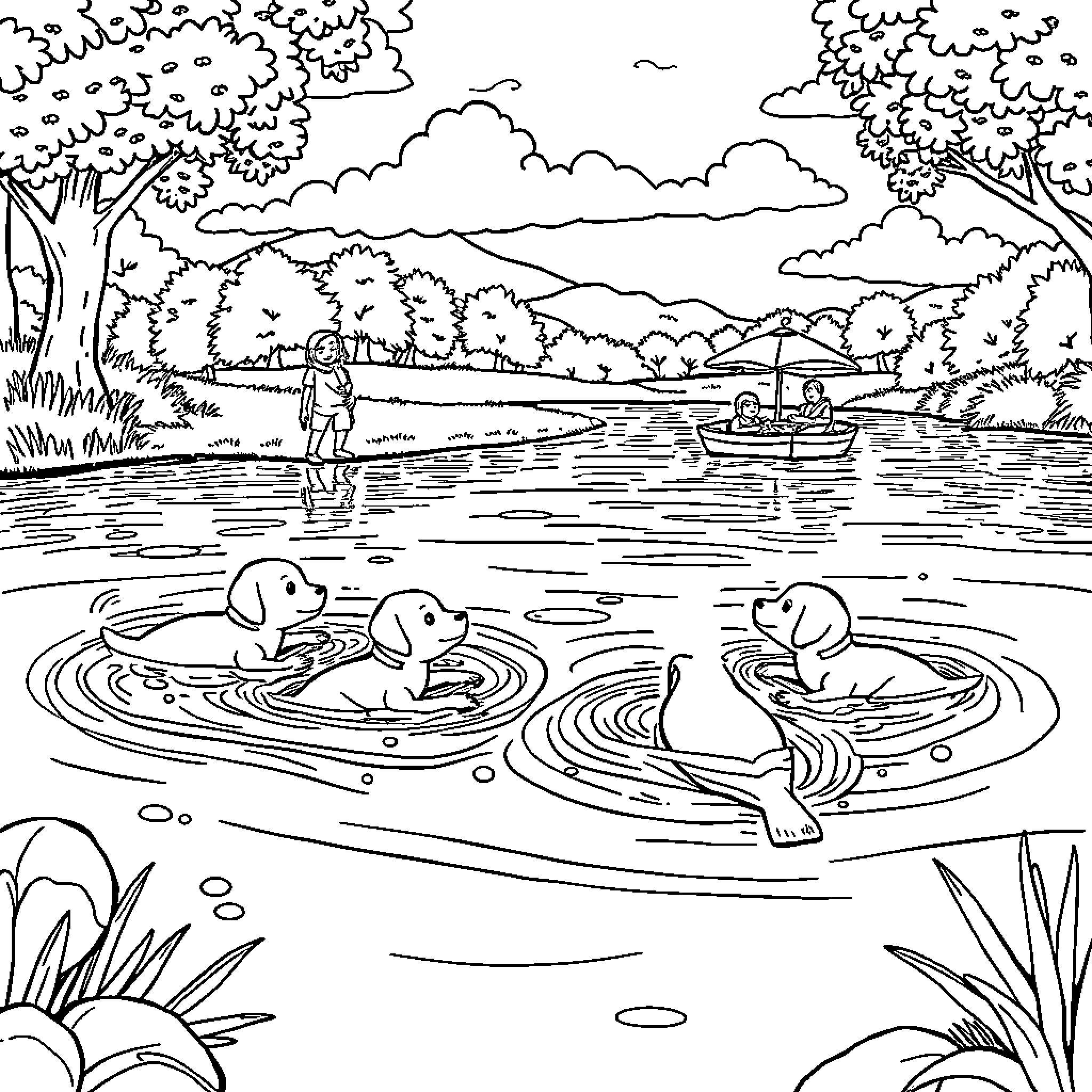 Duck family swimming in the peaceful lake Coloring Page (free black-and-white line drawing printable PDF for all, from beginners to advanced learners, including children, teens, adults, and seniors)