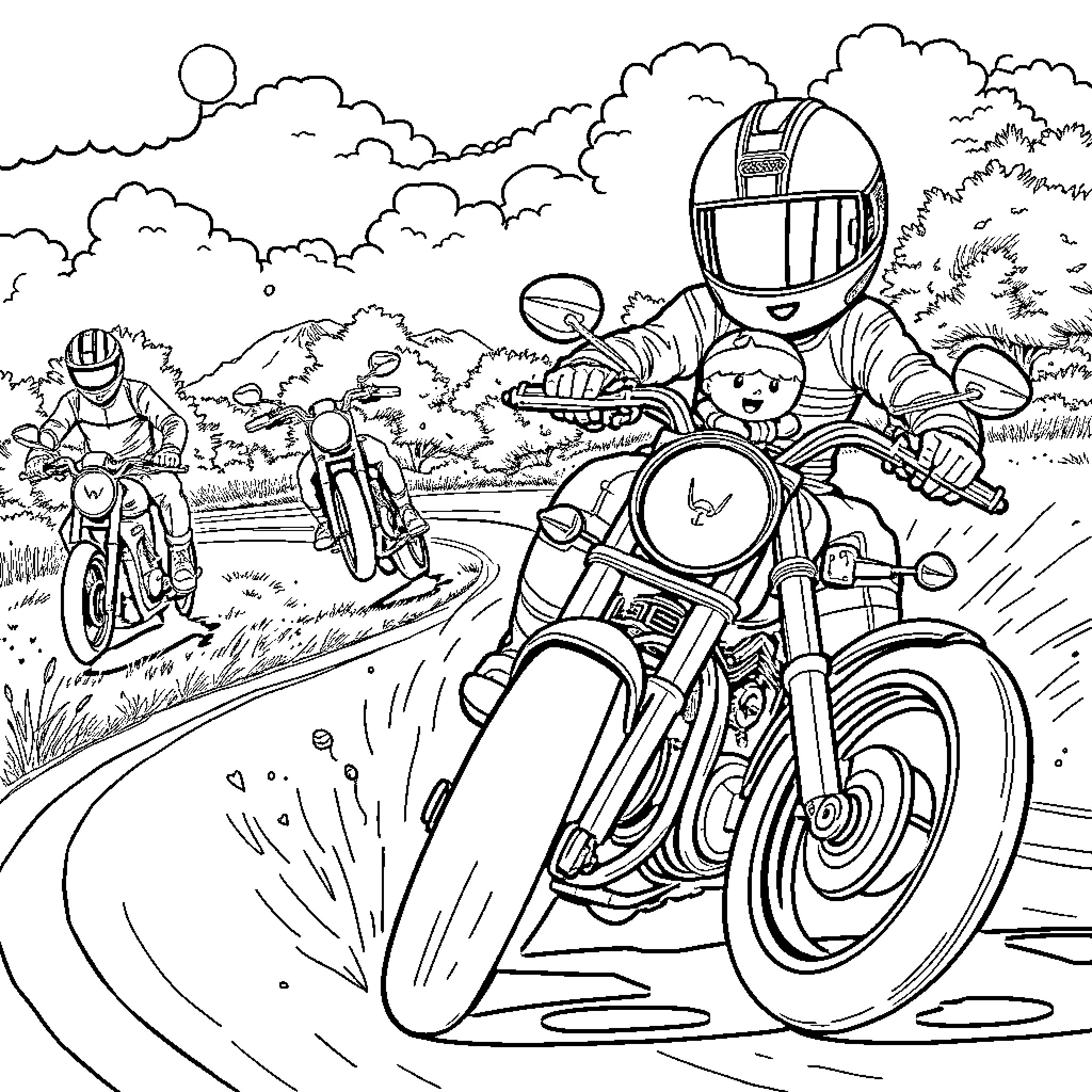 Motorcyclists racing through the countryside Coloring Page (free black-and-white line drawing printable PDF for all, from beginners to advanced learners, including children, teens, adults, and seniors)