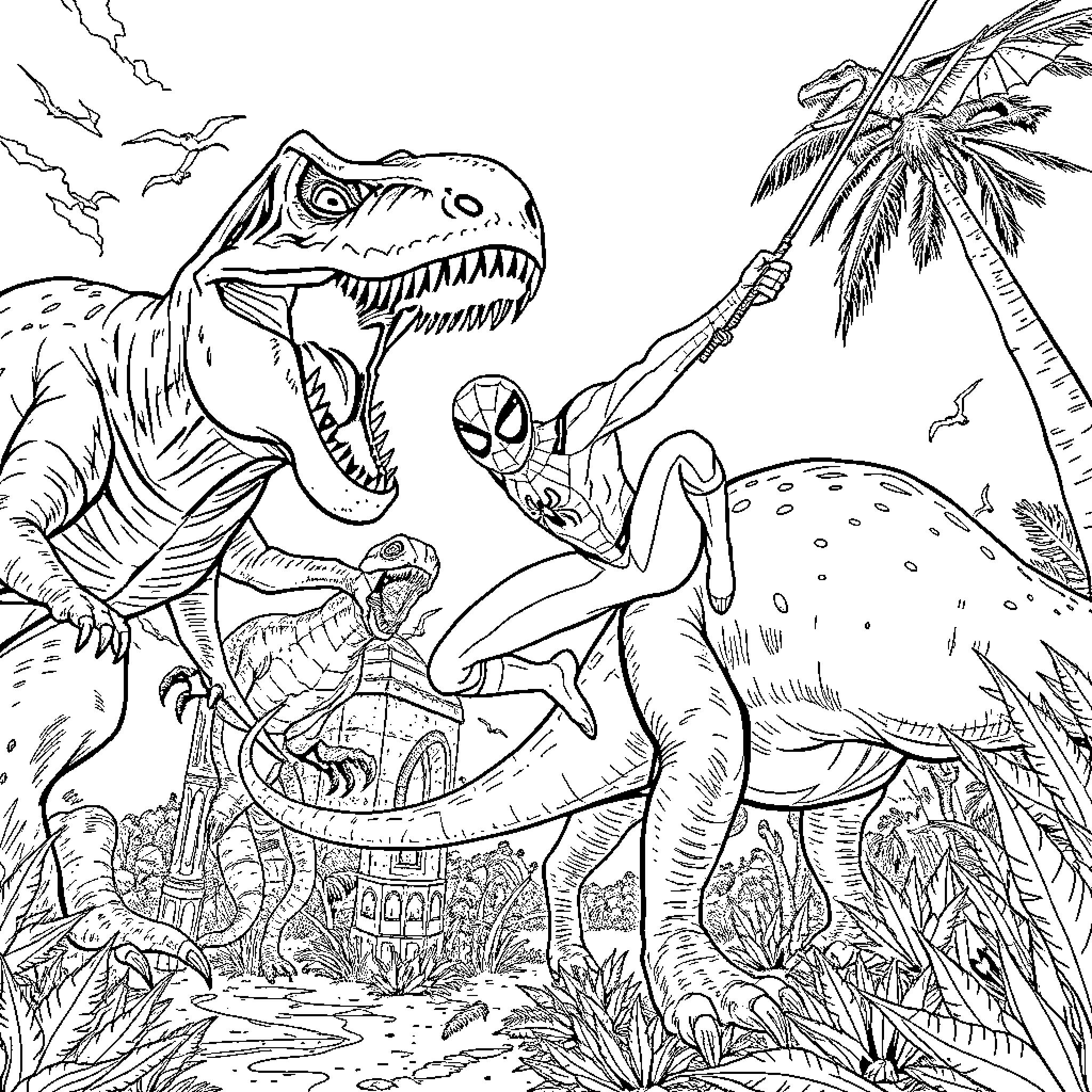 Spiderman facing off against dinosaurs in a prehistoric landscape Coloring Page (free black-and-white line drawing printable PDF for all, from beginners to advanced learners, including children, teens, adults, and seniors)