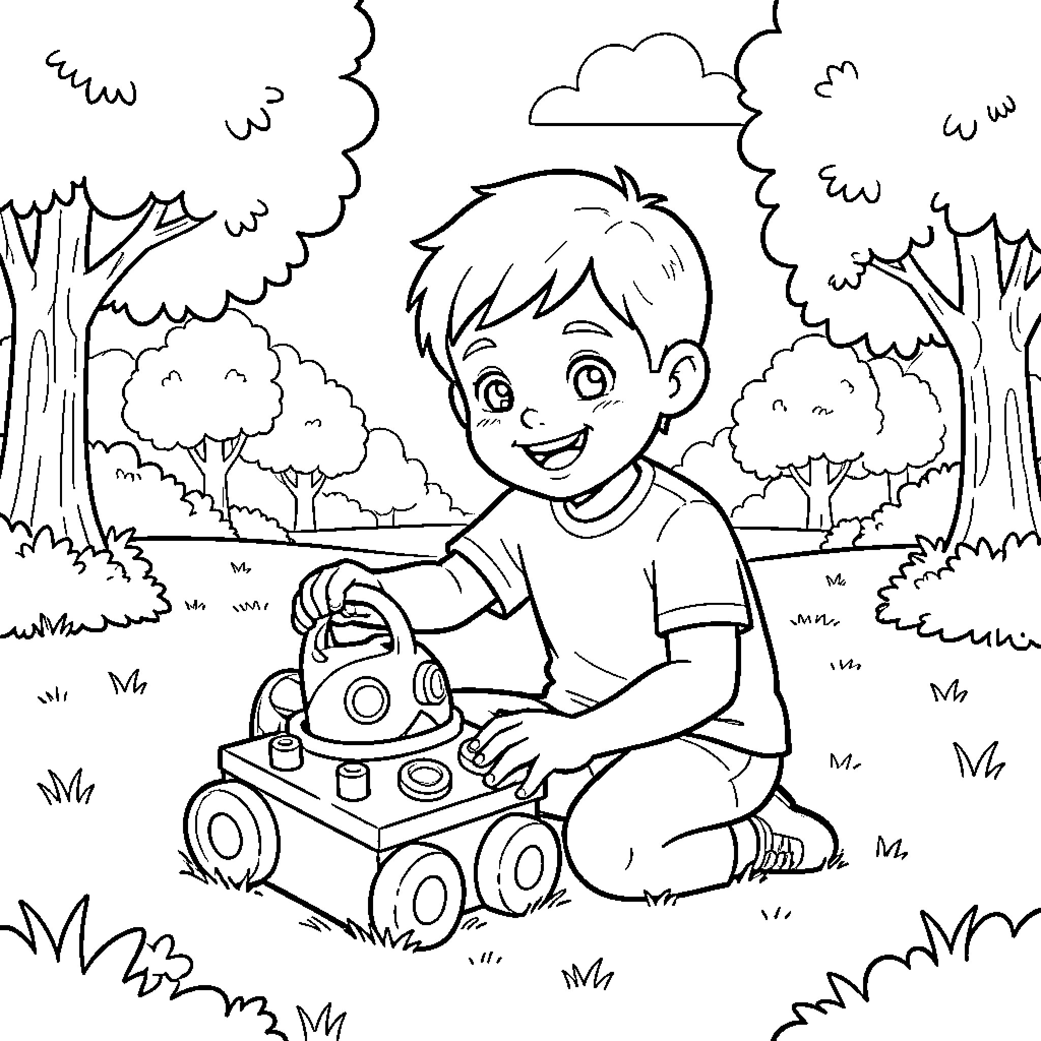 Boy playing happily with toys in the park Coloring Page (free black-and-white line drawing printable PDF for all, from beginners to advanced learners, including children, teens, adults, and seniors)