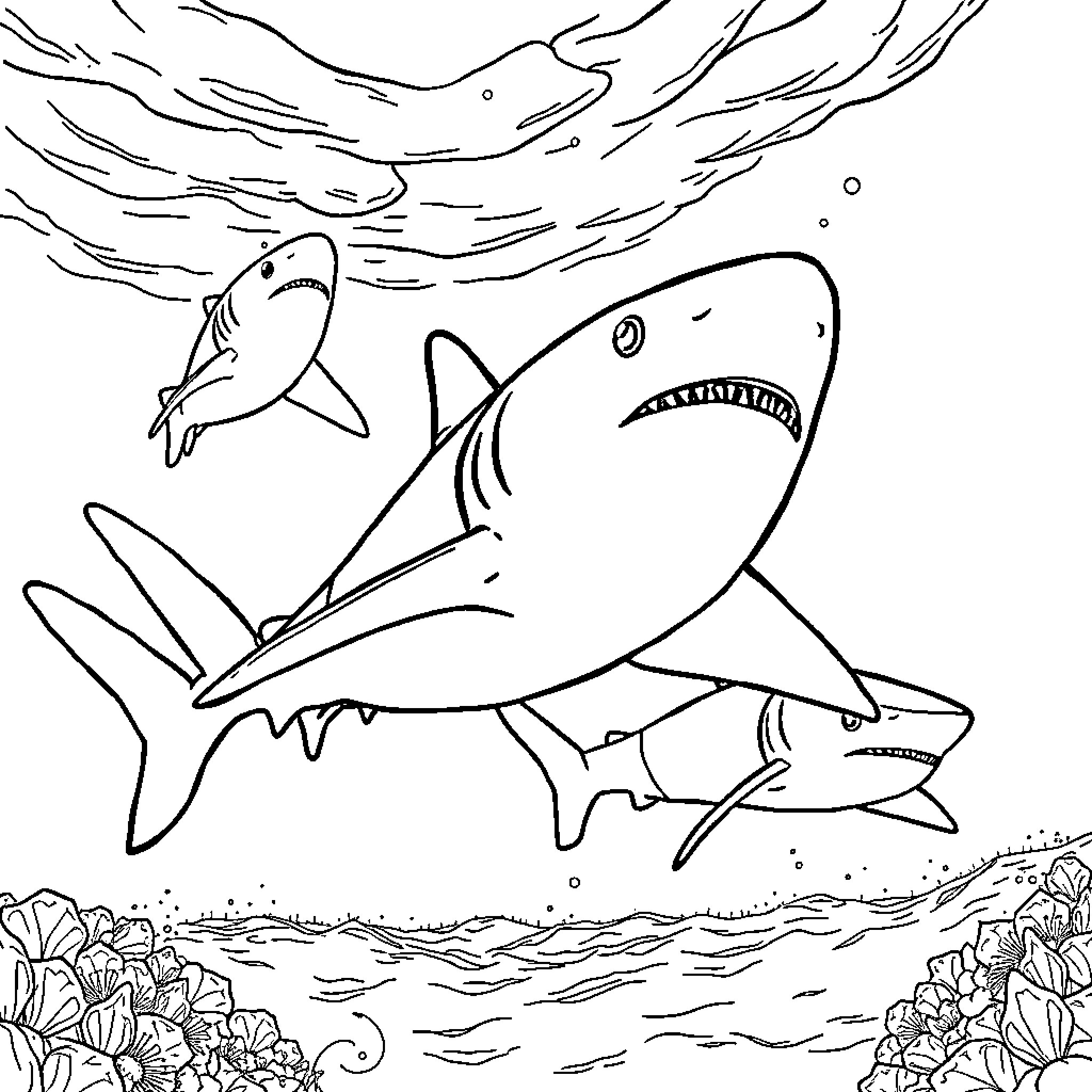 Sharks hunting underwater in a marine environment Coloring Page (free black-and-white line drawing printable PDF for all, from beginners to advanced learners, including children, teens, adults, and seniors)